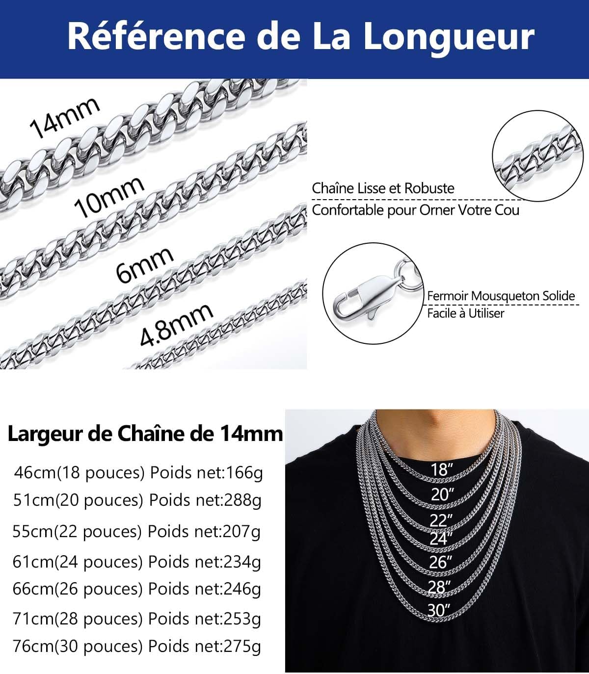 Thumbnail 4 de PROSTEEL Chaîne collier homme à maillons gourmette en acier inoxydable 316L / plaqué or noir – largeurs 4,8 à 14 mm