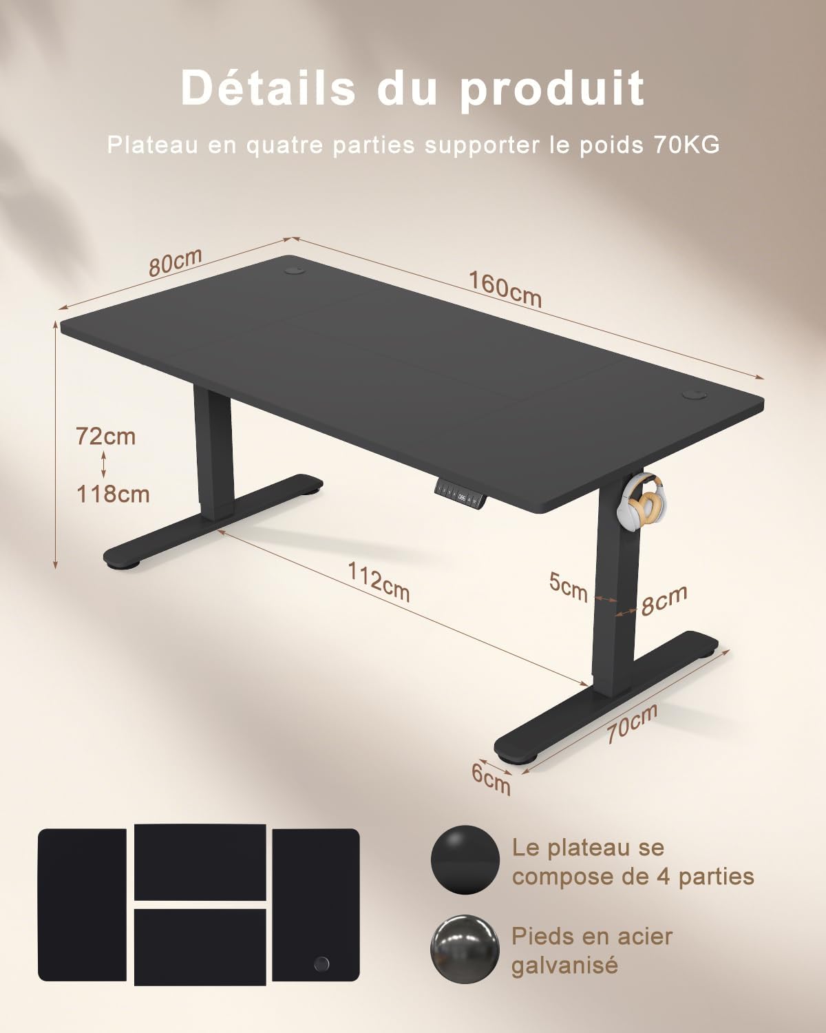 Detalle de TRIUMPHKEY 0287 elektrisch zit-sta-bureau 160 x 80 cm met USB en geheugenstanden