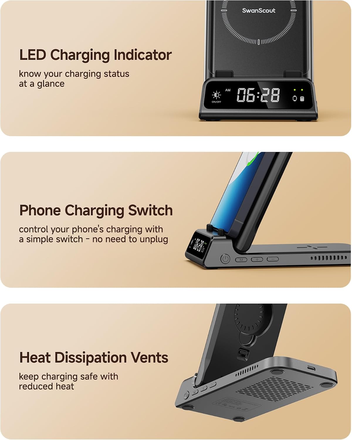 Detalle 2 de SwanScout 703S 3-in-1 Wireless Charging Station for Samsung phones, Galaxy Watch & Buds (No Adapter)