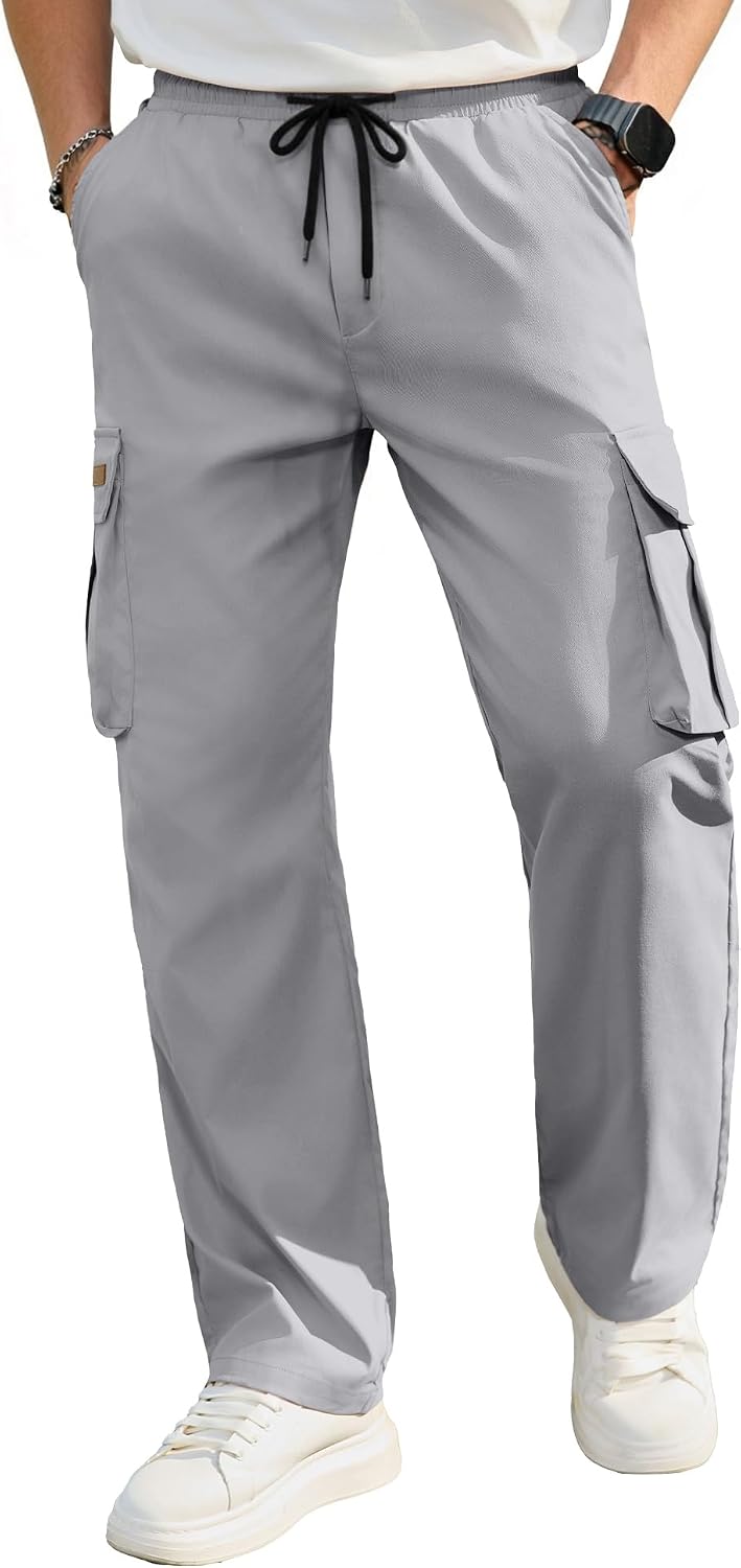 Detalle de PLEPAN Men's Cargo Pants with Stretch Waist, Drawstring, and Four Pockets