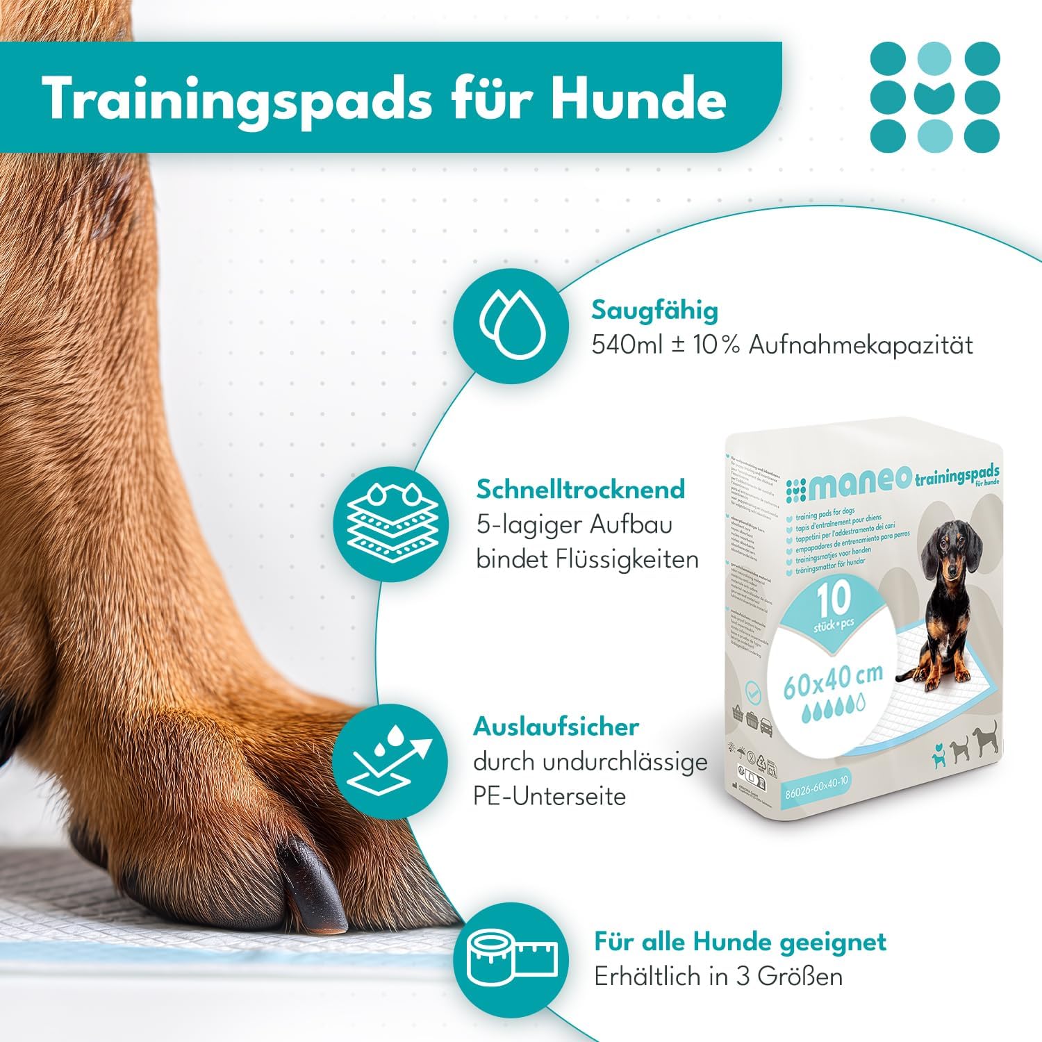 Detalle 2 de 10x maneo Welpen Unterlagen 60x40 cm – saugfähige Trainingspads für Welpen, Hunde & Katzen