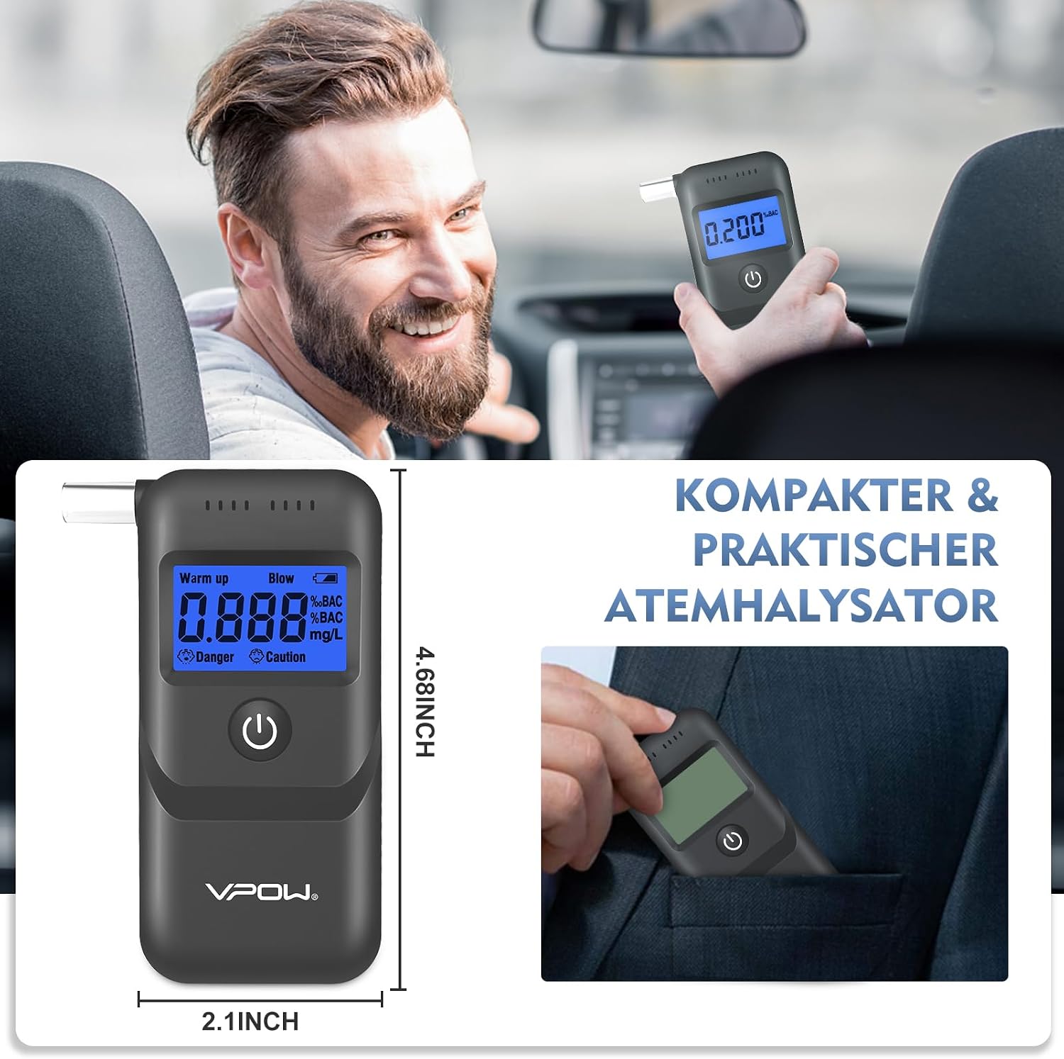 Detalle 2 de VPOW Breathalyzer Alcohol Tester 0.1% BAC