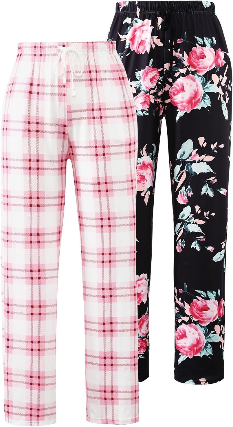 Detalle de Knuffnee Women Pyjama Bottoms Lounge Plaid Pants – Wide Leg Sleep Pant with Pockets (2 Pack)