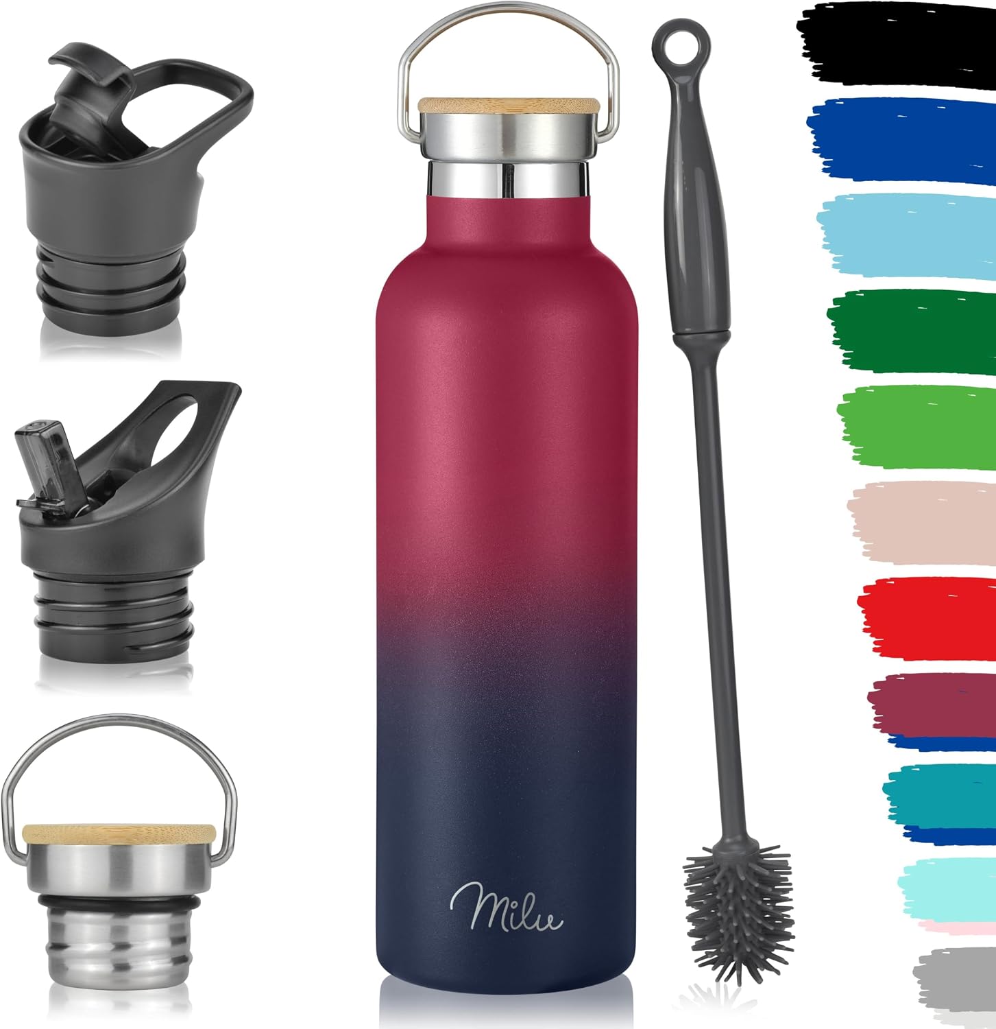Detalle de Milu Edelstahl Trinkflasche 500ml/750ml/1L – Doppelwandige Isolierflasche mit drei Deckeln (Berry Blau, 750ml)
