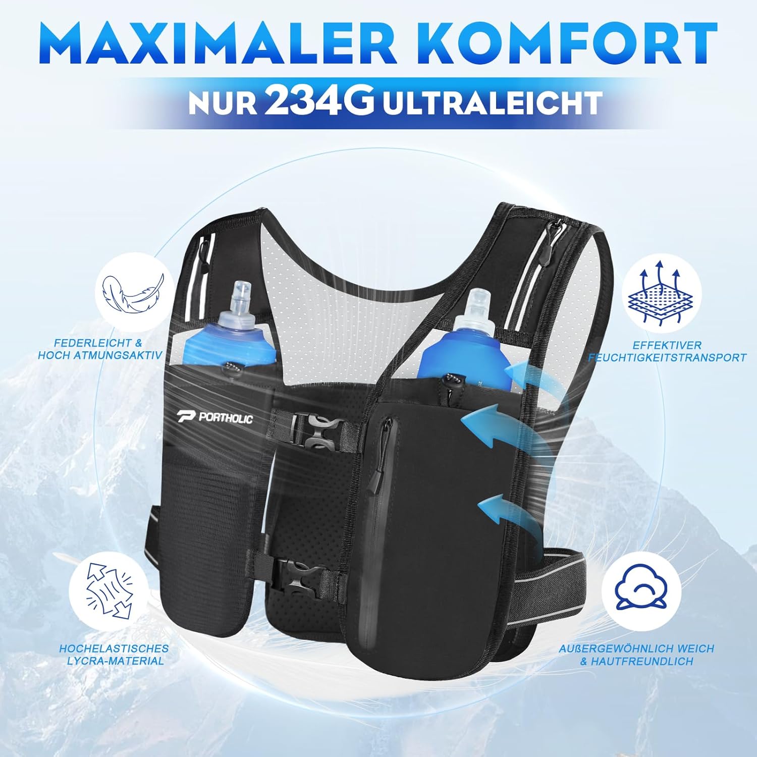 Thumbnail 2 de PORTHOLIC Laufweste Trinkweste mit 2×500 ml Softflaschen, LED & 360° Reflexstreifen