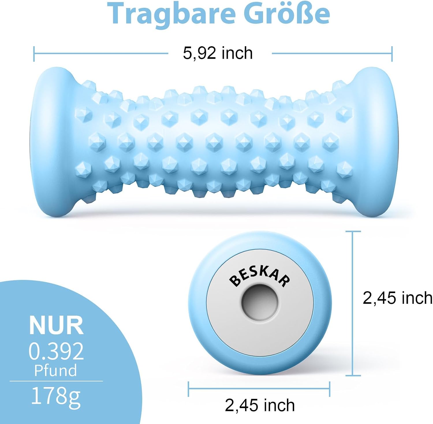 Detalle 2 de BESKAR Fußmassagerolle für Plantarfasziitis – tragbare Gummi-Massagerolle für Triggerpunkt- und Tiefengewebe-Massage, blau
