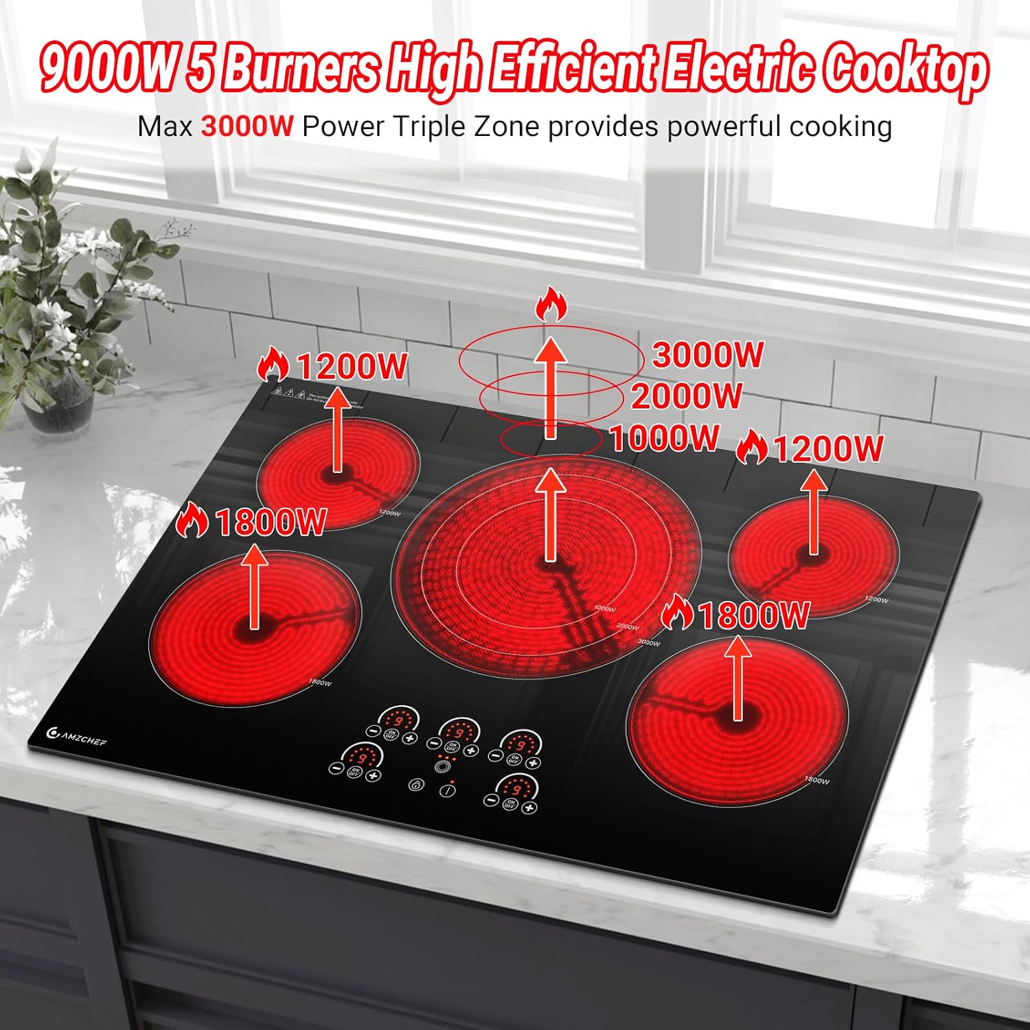 Detalle 2 de AMZCHEF SK-90HLA30 30-Inch Electric Cooktop, 5 Burners, 9 Power Levels