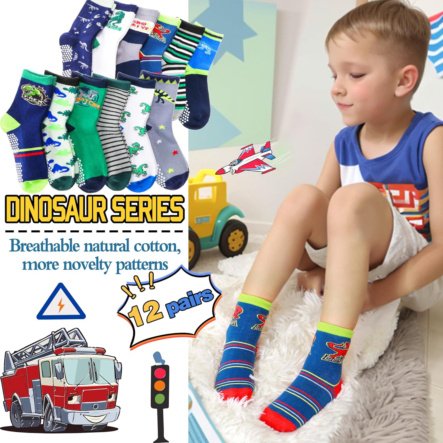 Thumbnail 2 de Welwoos 12 Pairs Baby Boys Grips Socks (Non-Slip, Cartoon Cotton) – toddler anti-skid socks
