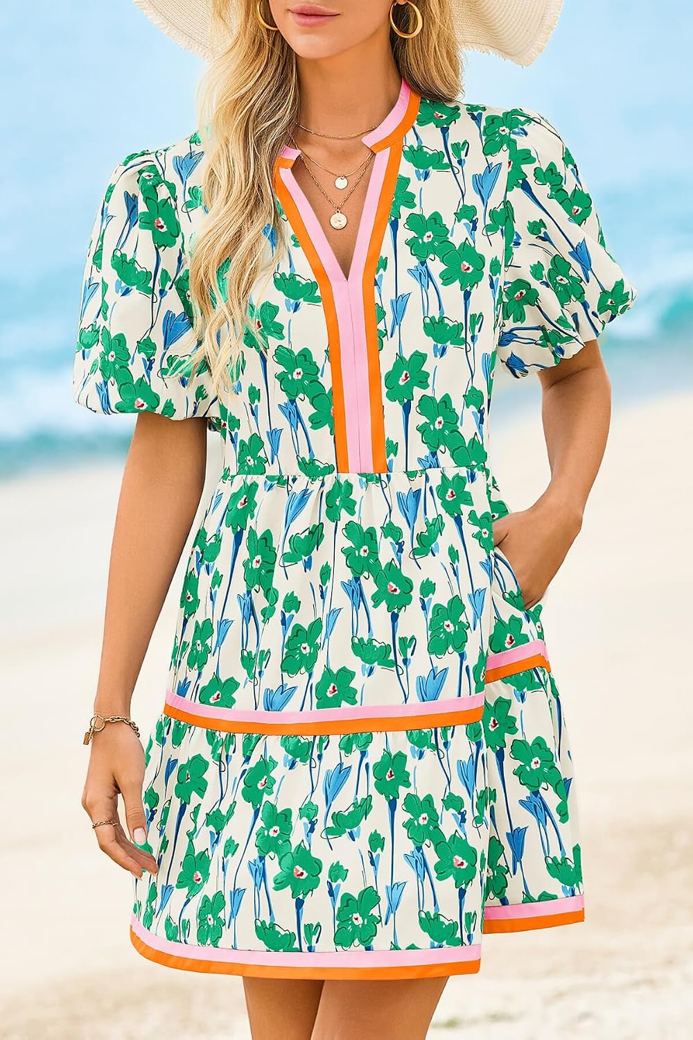 Detalle de Cicy Bell Women's Summer Puff Sleeve Floral Mini Dress with Pockets