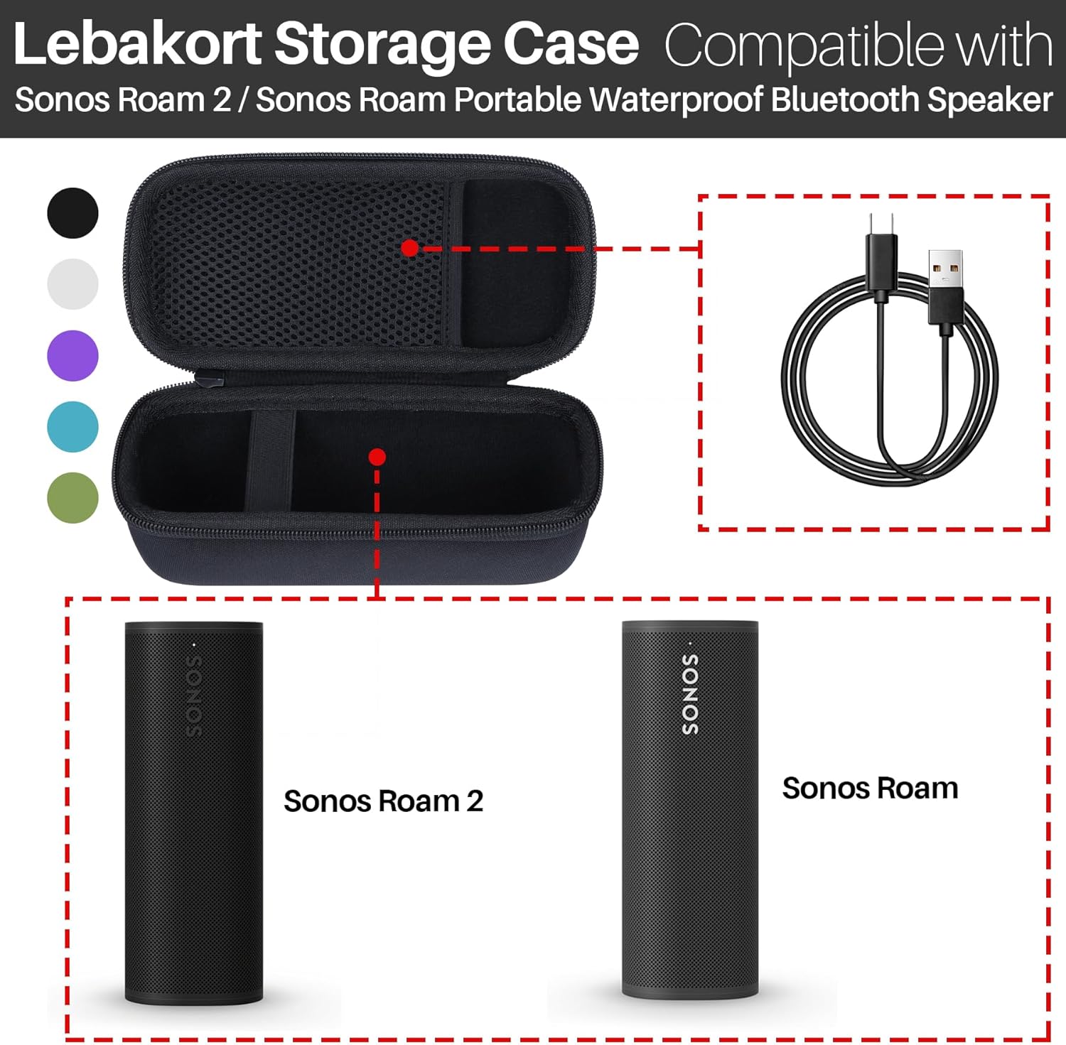 Detalle de Lebakort Hartschutzhülle für Sonos Roam / Roam 2 – robustes Etui aus Nylon und EVA