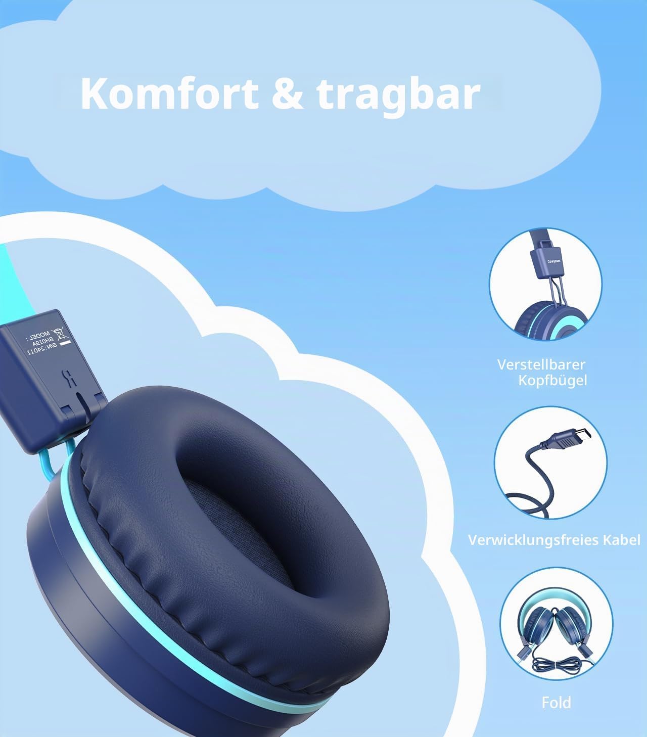 Detalle 2 de Bywulanda Upgrade USB Typ C Kinder-Kopfhörer mit 94 dB Lautstärkebegrenzung und HD-Stereo-Sound