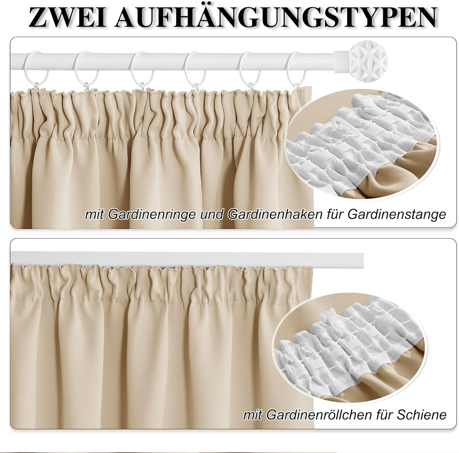 Thumbnail 2 de PONY DANCE Wohnzimmer Vorhänge Beige – 2er Set 140×245 cm, Kräuselband, Thermovorhang, Blickdicht, Biscotti Beige