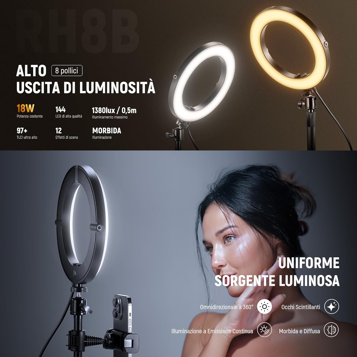 Thumbnail 1 de NEEWER RH8B ring light da tavolo 8” 18W con CCT dimmerabile, 12 effetti e supporto 360°