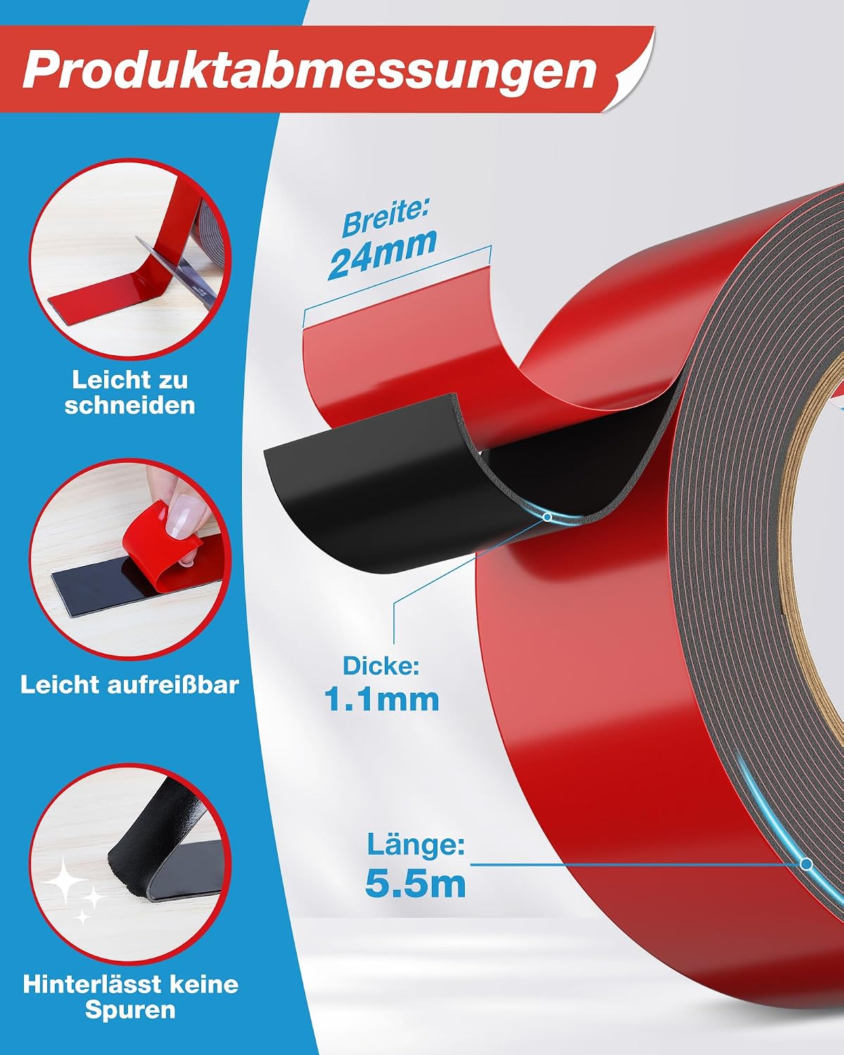 Thumbnail 2 de Emitever 6411 Doppelseitiges Klebeband 24 mm x 5,5 m Schwarz