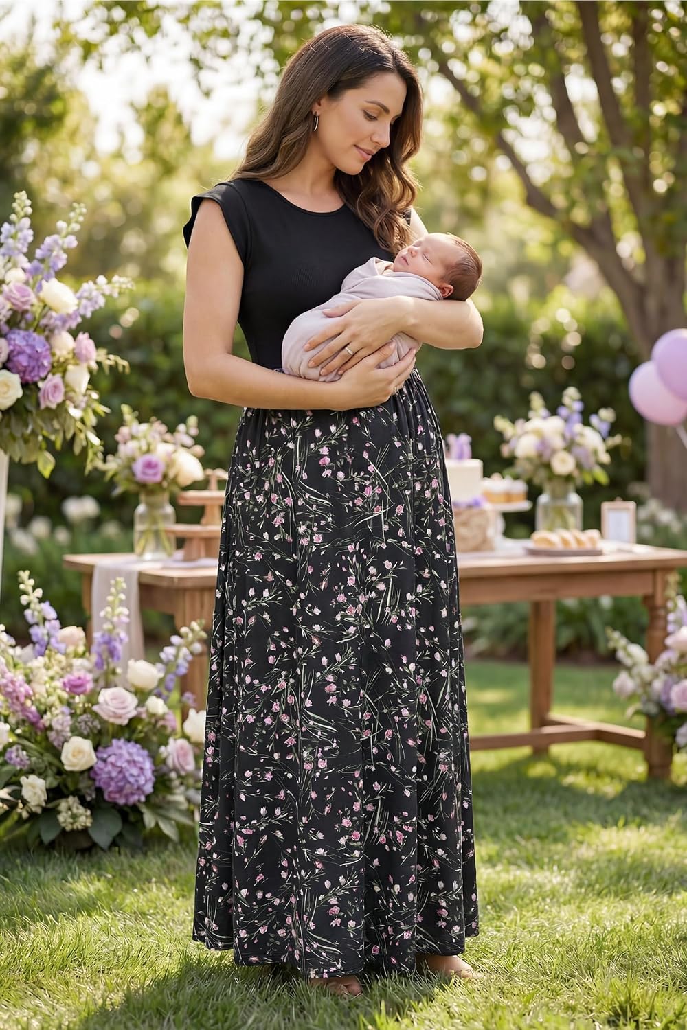 Detalle de OUGES Sommerkleid Damen Lang Rüschen Maxikleid – Elegantes Sommerkleid mit Taschen