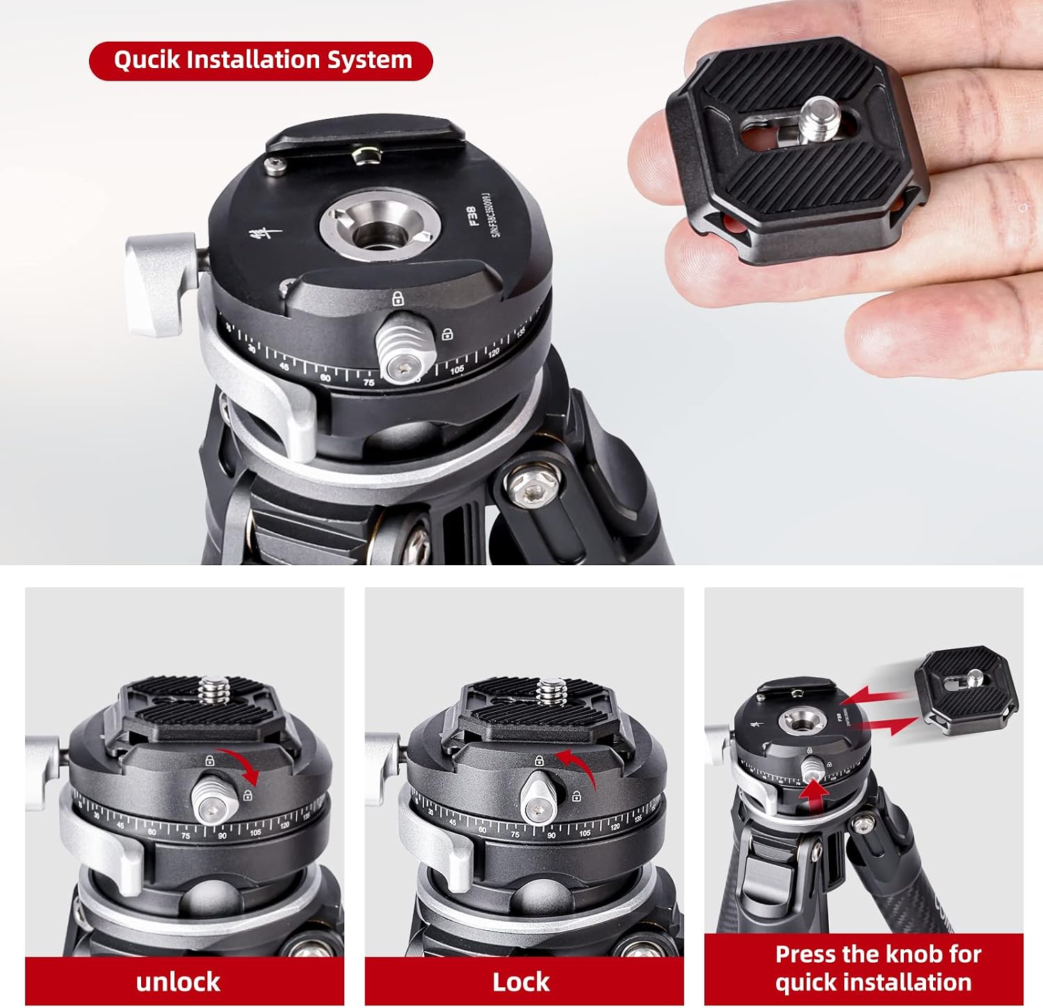 Detalle de COMAN Zero F38 treppiede in fibra di carbonio con testa a sfera panoramica 360° (video F38 per DSLR)