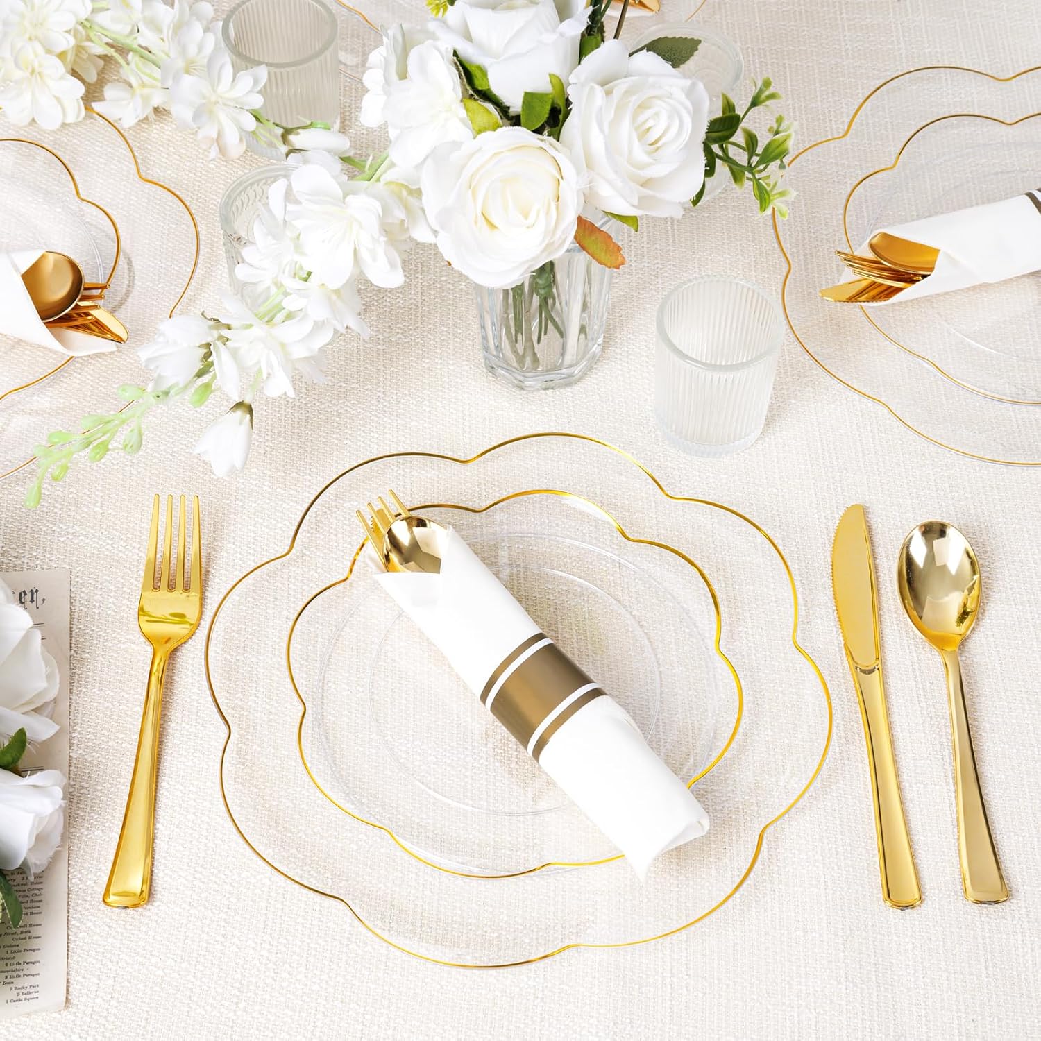Detalle de Supernal 100 Pack Gold Plastic Silverware with Napkins – Pre-Rolled & Wrapped, Heavy Duty Gold Disposable Utensils Set