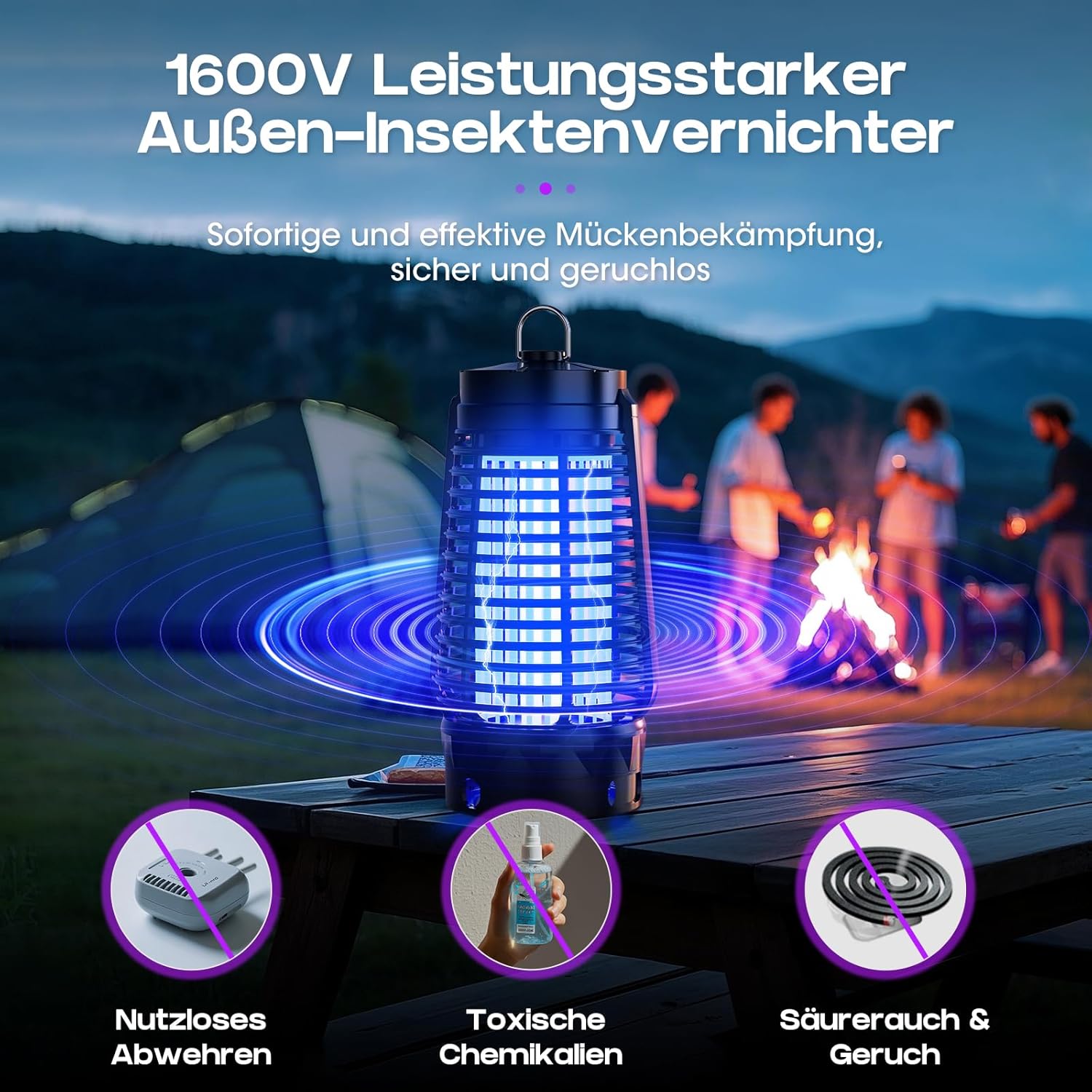 Detalle 2 de Insektenvernichter Elektrisch mit UV-Lampe – IPX4 Mückenfalle für Innen & Außen