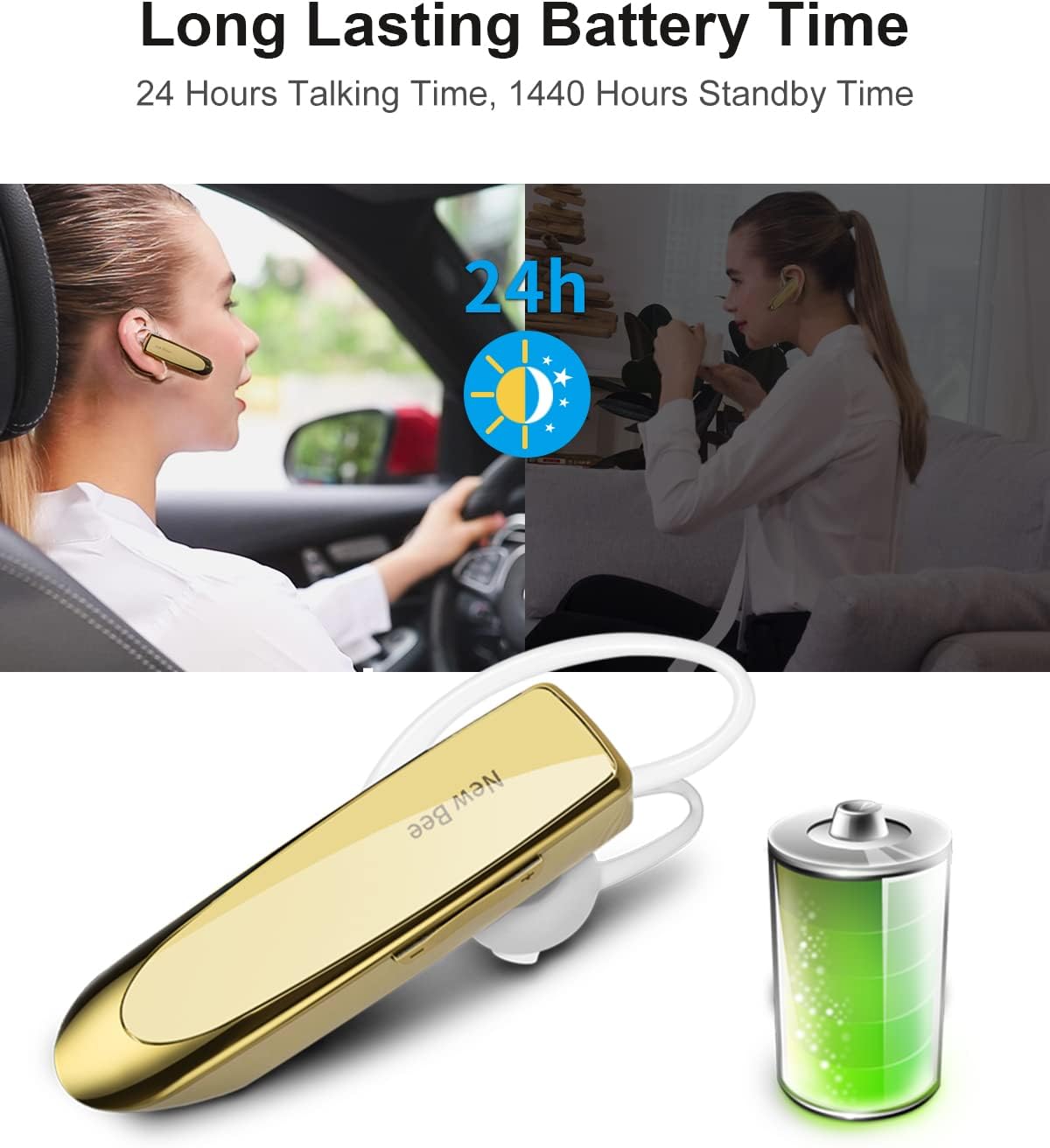 Detalle de New Bee B41 Bluetooth Earpiece, Single-Ear Headset with Microphone, Gold