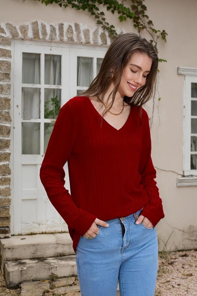 Thumbnail 3 de GLEENOD Damen Pullover mit V-Ausschnitt – leichtes Langarm-Sweatshirt in einfarbig