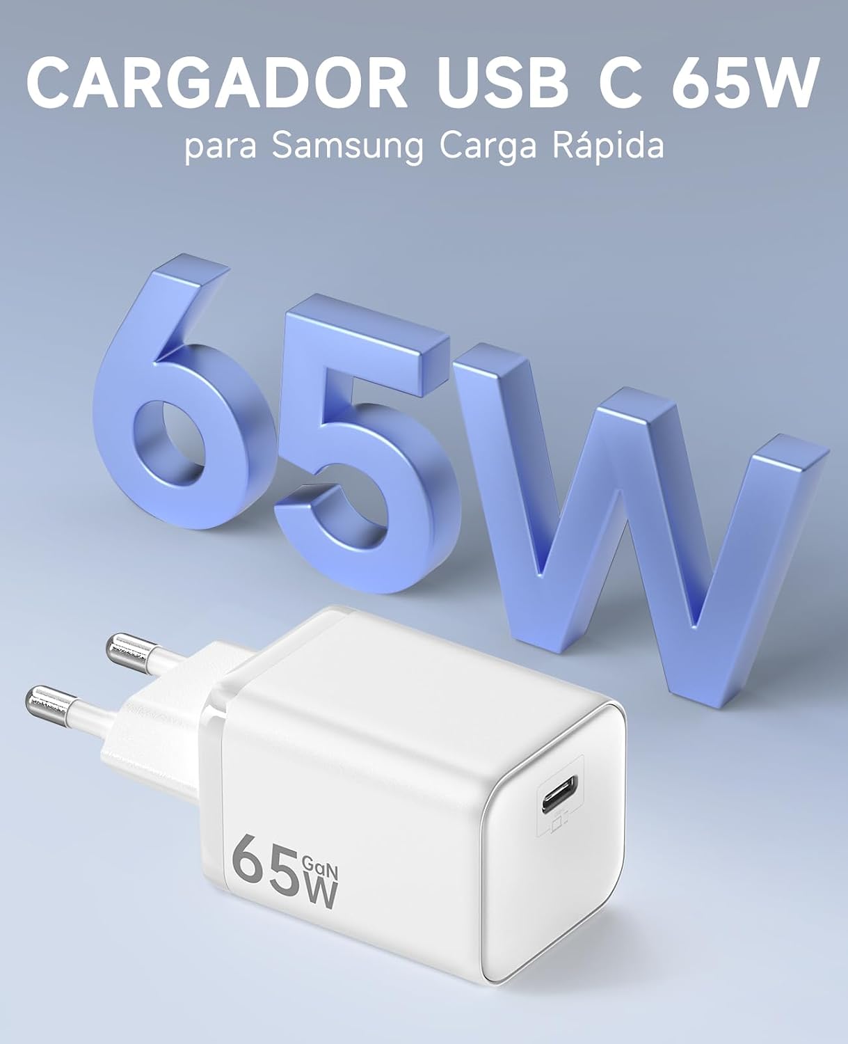 Detalle de HYDOOD Cargador USB C 65W con cable 2 m GAN II: carga rápida PD3.0 PPS para MacBook, iPhone y Galaxy
