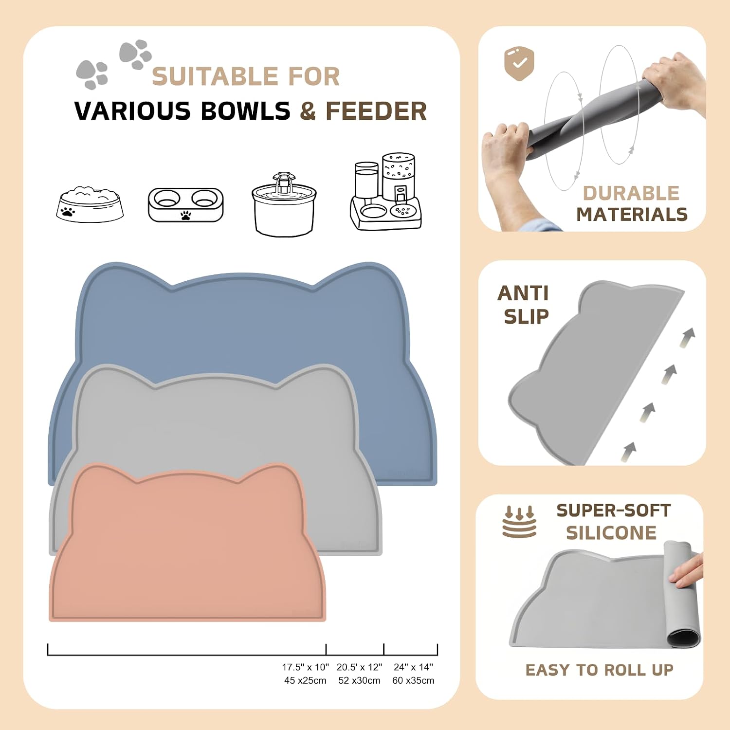 Thumbnail 5 de Cat Food Mat: Silicone Non-Slip, Waterproof Feeding Mat (44x25 cm) for Cats and Dogs