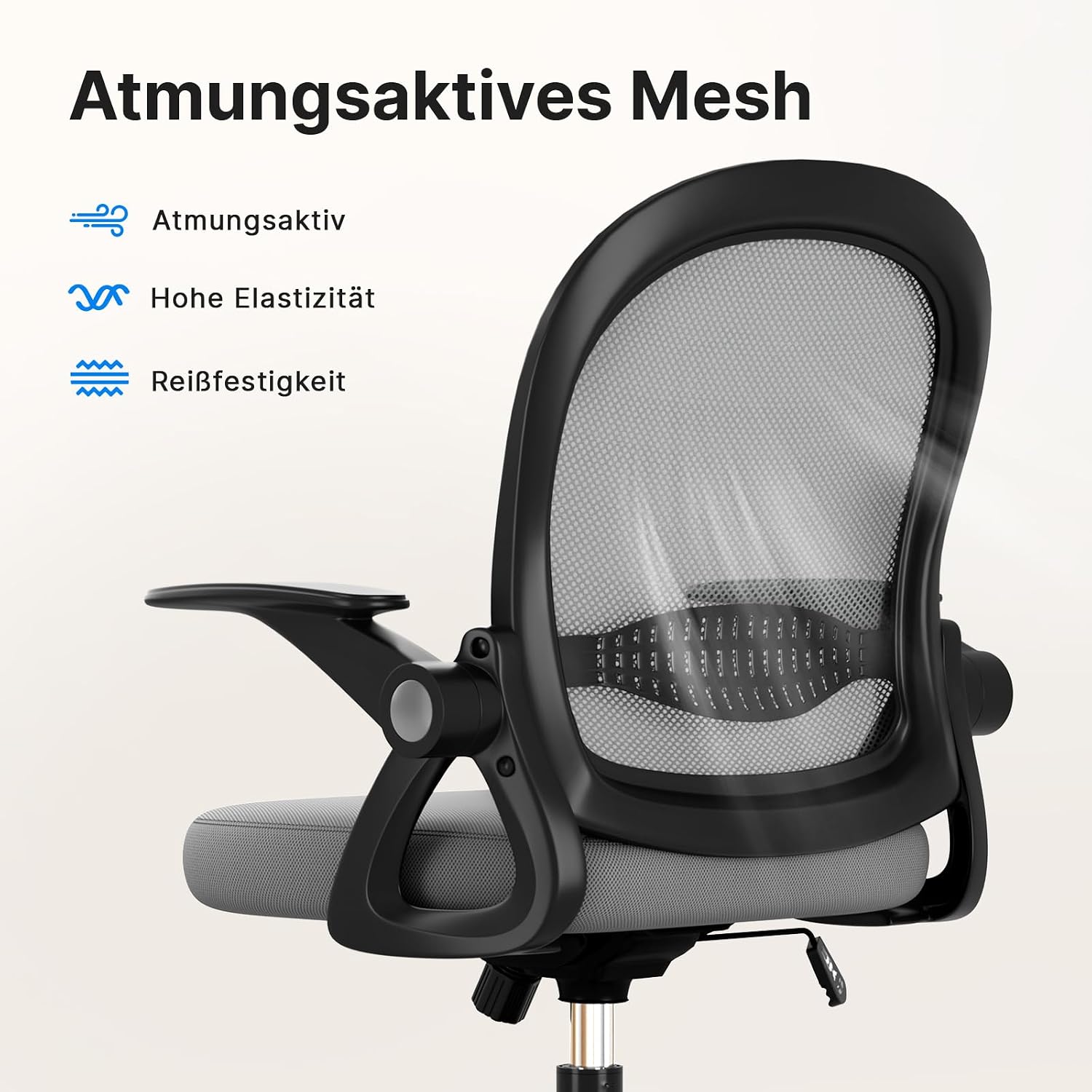 Detalle de rattantree Ergonomischer Bürostuhl – atmungsaktive Netz-Rückenlehne, verstellbar, Armlehnen klappbar, Dunkelgrau