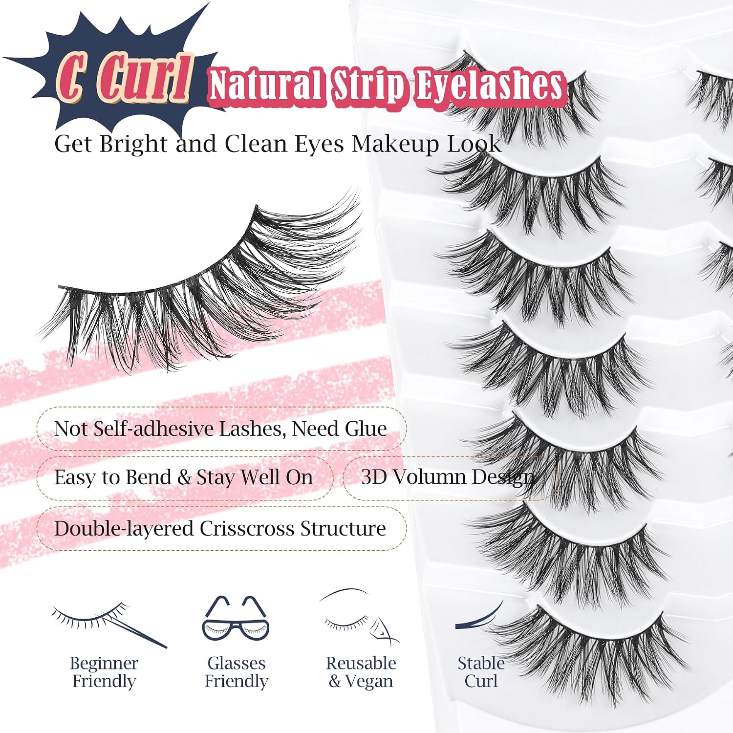 Detalle de Siligli Fluffy Cat Eye False Eyelashes, 7 Pairs, Wispy C Curl