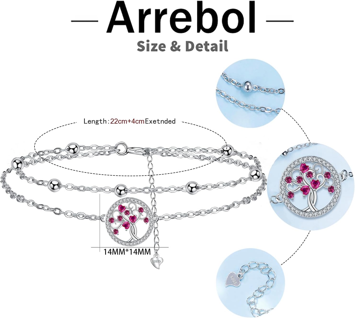 Detalle de Arrebol Damen-Fußkettchen aus 925 Silber mit Doppelkette und Kugelperlen, verstellbar (22 cm + 4 cm)