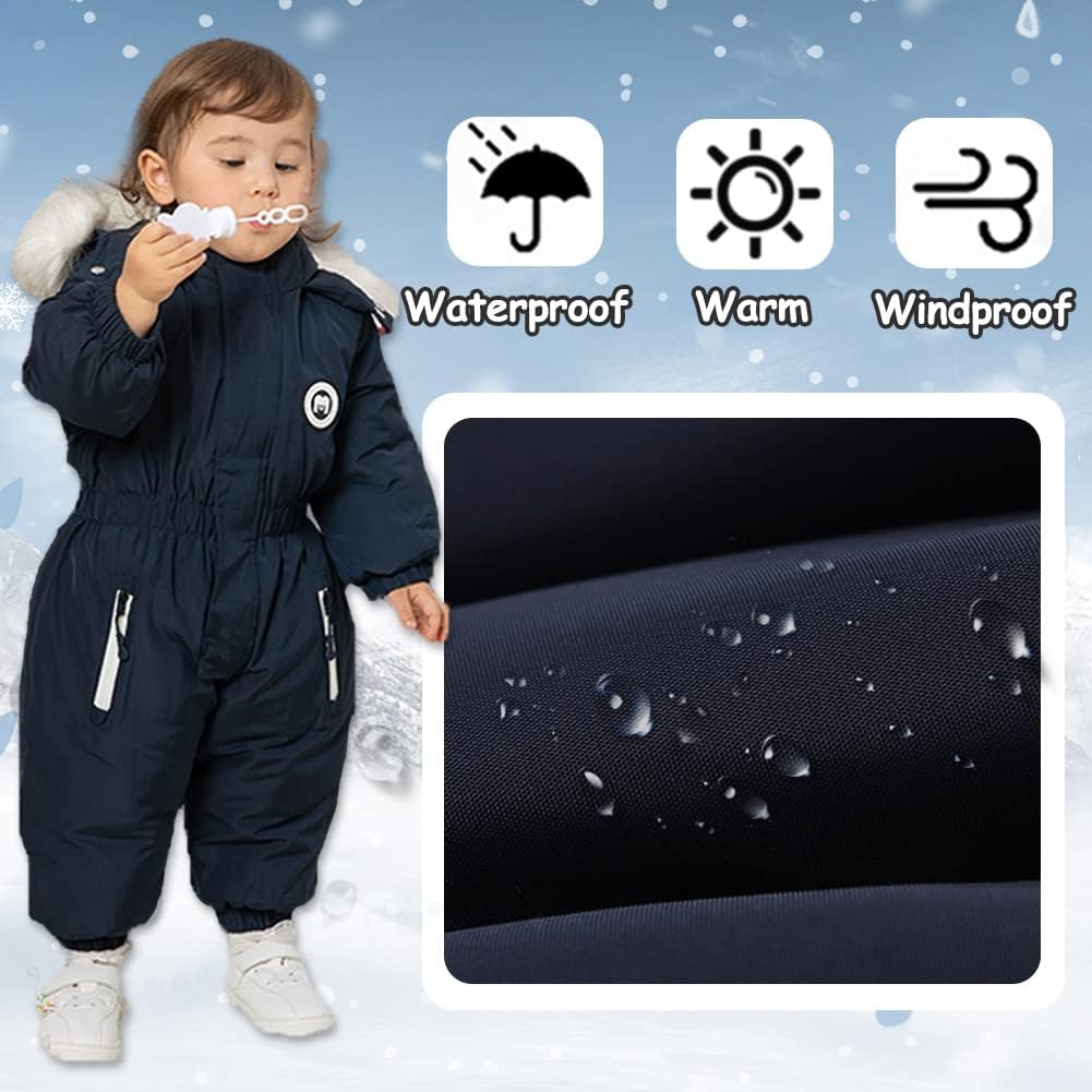 Detalle de Xifamniy Toddler Snowsuit, Hooded Waterproof Winter Romper in Navy or Pink