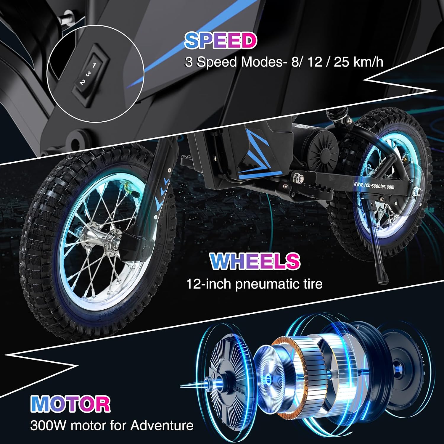 Detalle de RCB R9X Electric Motorcycle Kids (12 inch Pneumatic Tires) – 3 Speed Modes, 10.5 Mile Range, Blue