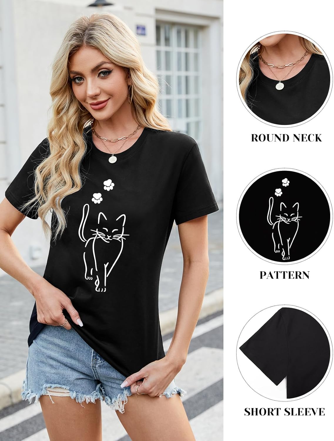 Thumbnail 2 de TomEek T Shirt Donna Cotone Nera a Collo Tondo, Maniche Corte con Stampa — Comfort e Versatilità