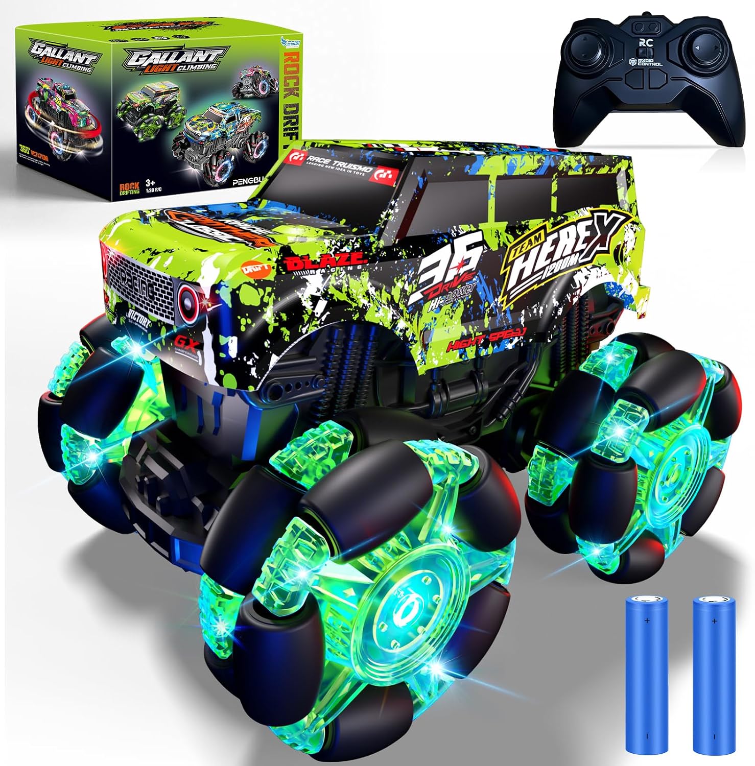 Detalle de PENGBU RC 000-033 RC-monstertruck met verlichting, muziek en 360°-draaiing