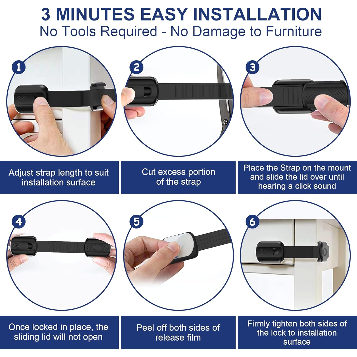 Thumbnail 6 de Septeamay Kindersicherung für Schrank und Schubladen (10 Stück) – Schubladensicherung mit 3M Kleber, ohne Bohren, Schwarz