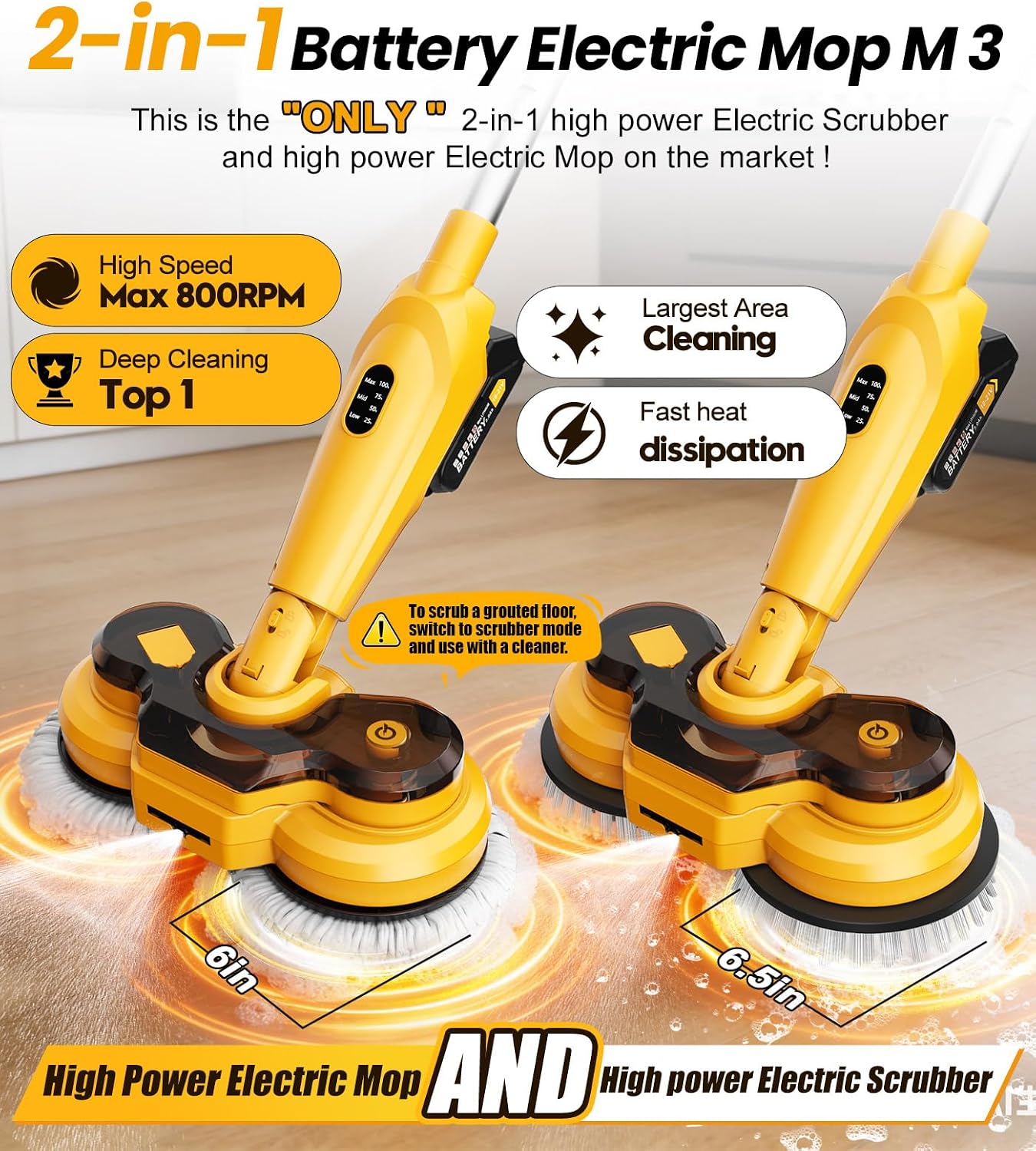 Detalle de qimedo M3 Pro 6000mAh Cordless Electric Mop & Scrubber — 800 RPM, Smart Display, LED Light, Water Spray