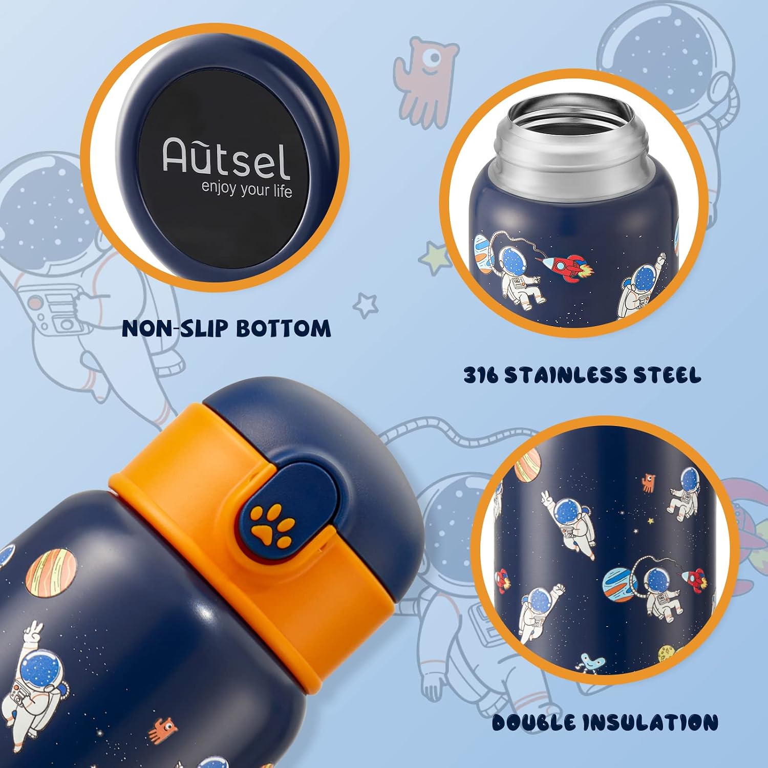Detalle de Autsel 500ml Borraccia per Bambini con Cannuccia in Acciaio Inox 304, Doppia Parete, Senza BPA