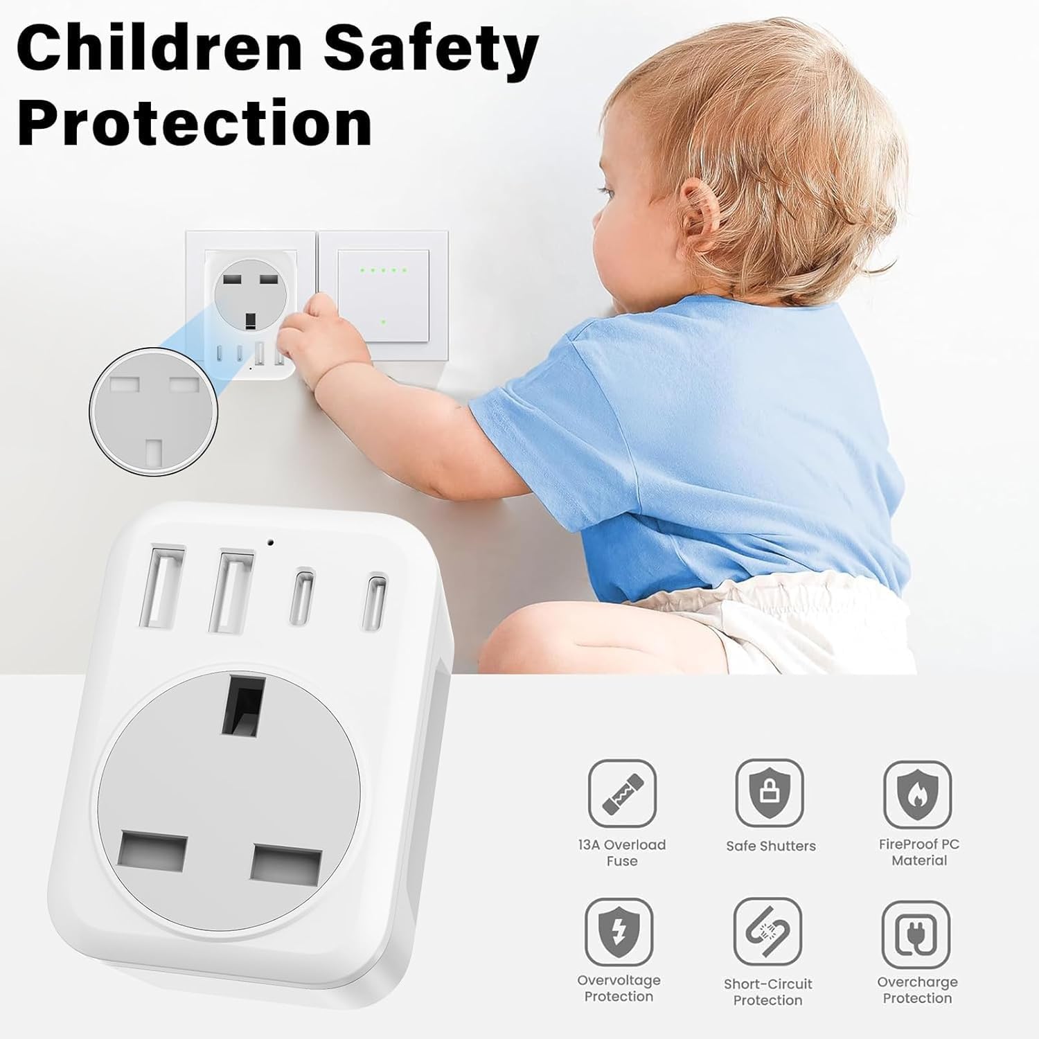 Detalle de 5 in 1 UK to Japan Travel Adapter with 2 USB-C and 2 USB-A Ports, 1 AC Outlet (100V-240V) – Type G to Type A