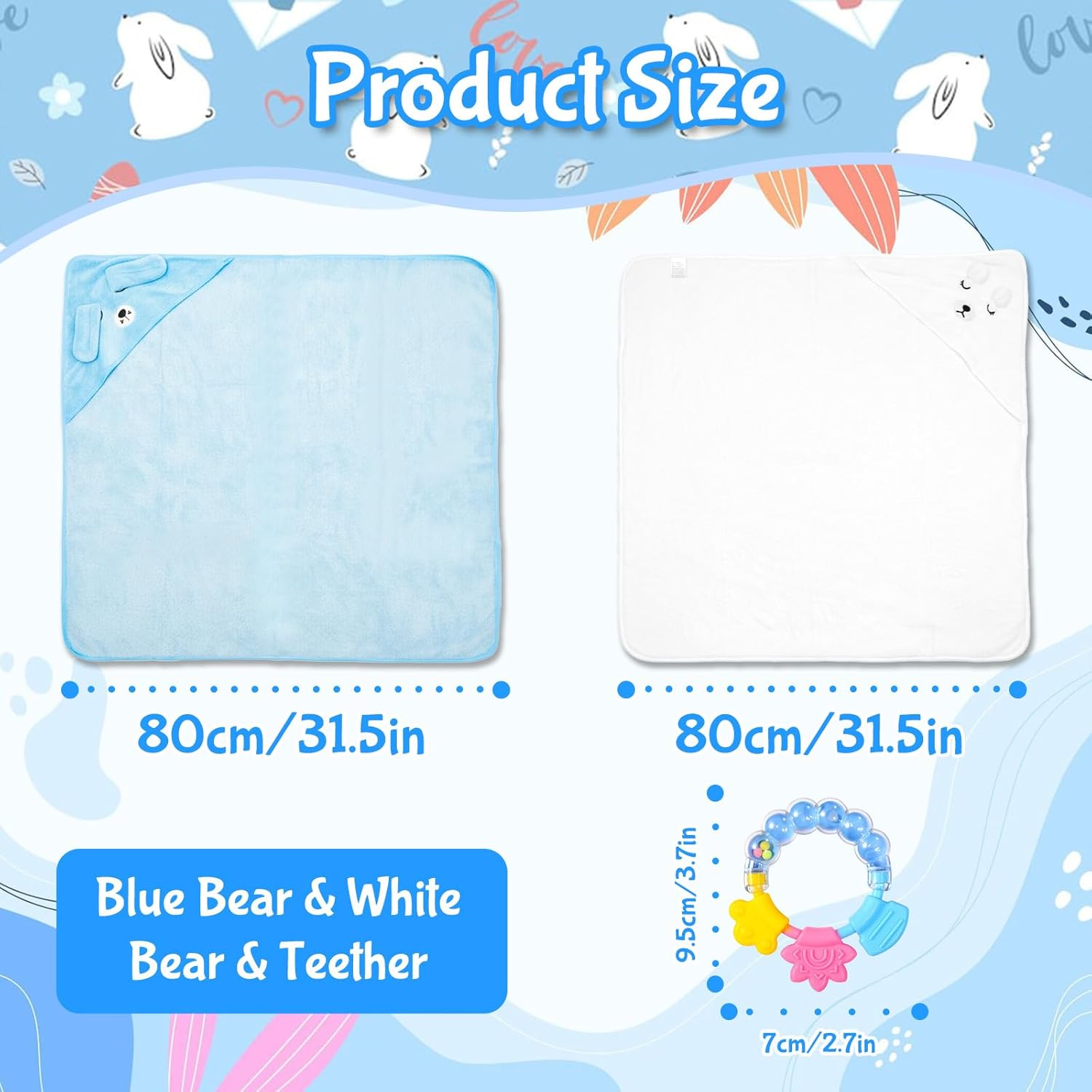 Thumbnail 1 de Hooded Baby Towels Set 80x80cm with Silicone Teether