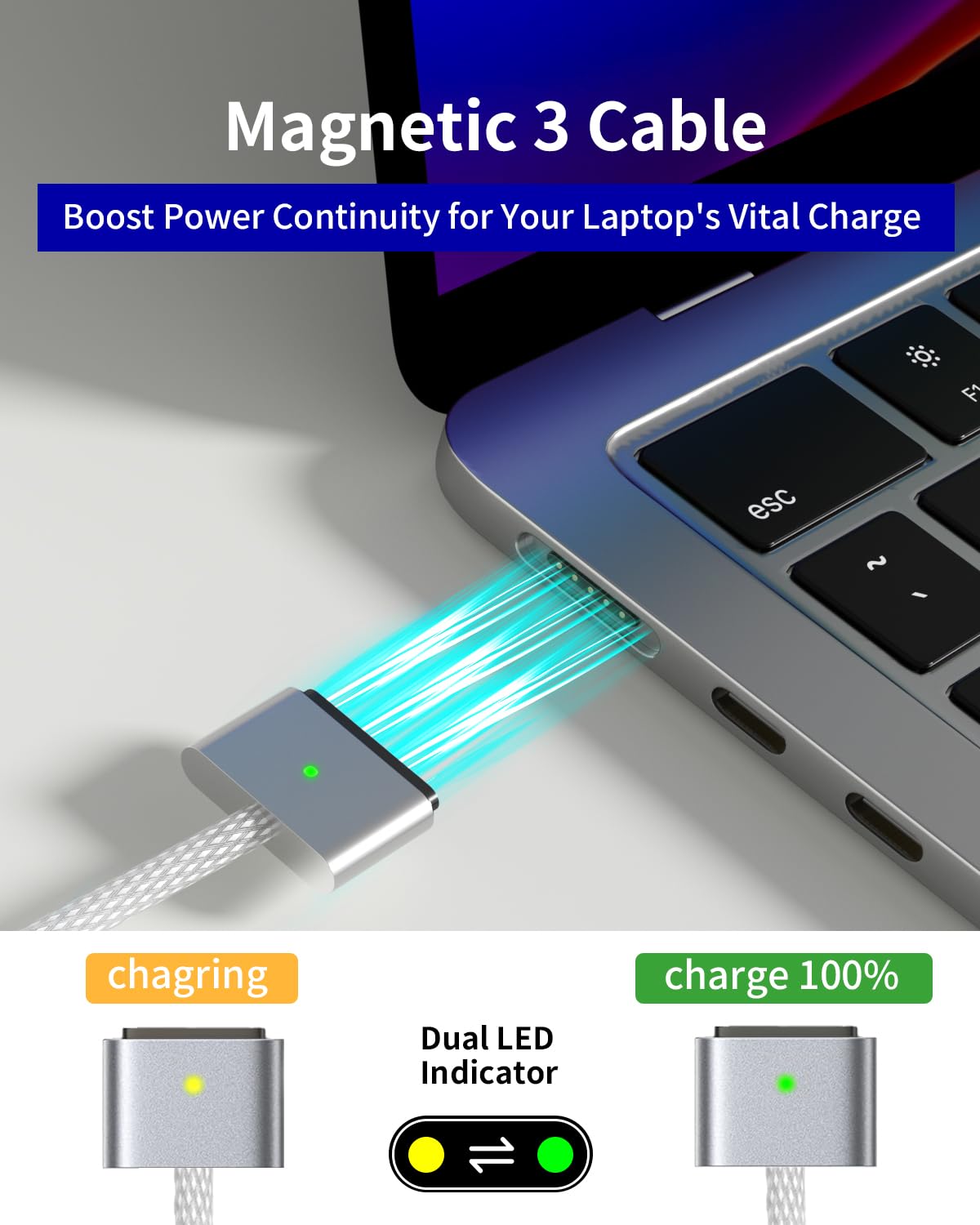 Thumbnail 3 de SURGKET USB-C to Mag 3 Cable for MacBook Pro/Air 2021–2025 (M1–M4, 14–16in) – Nylon Braided 2m