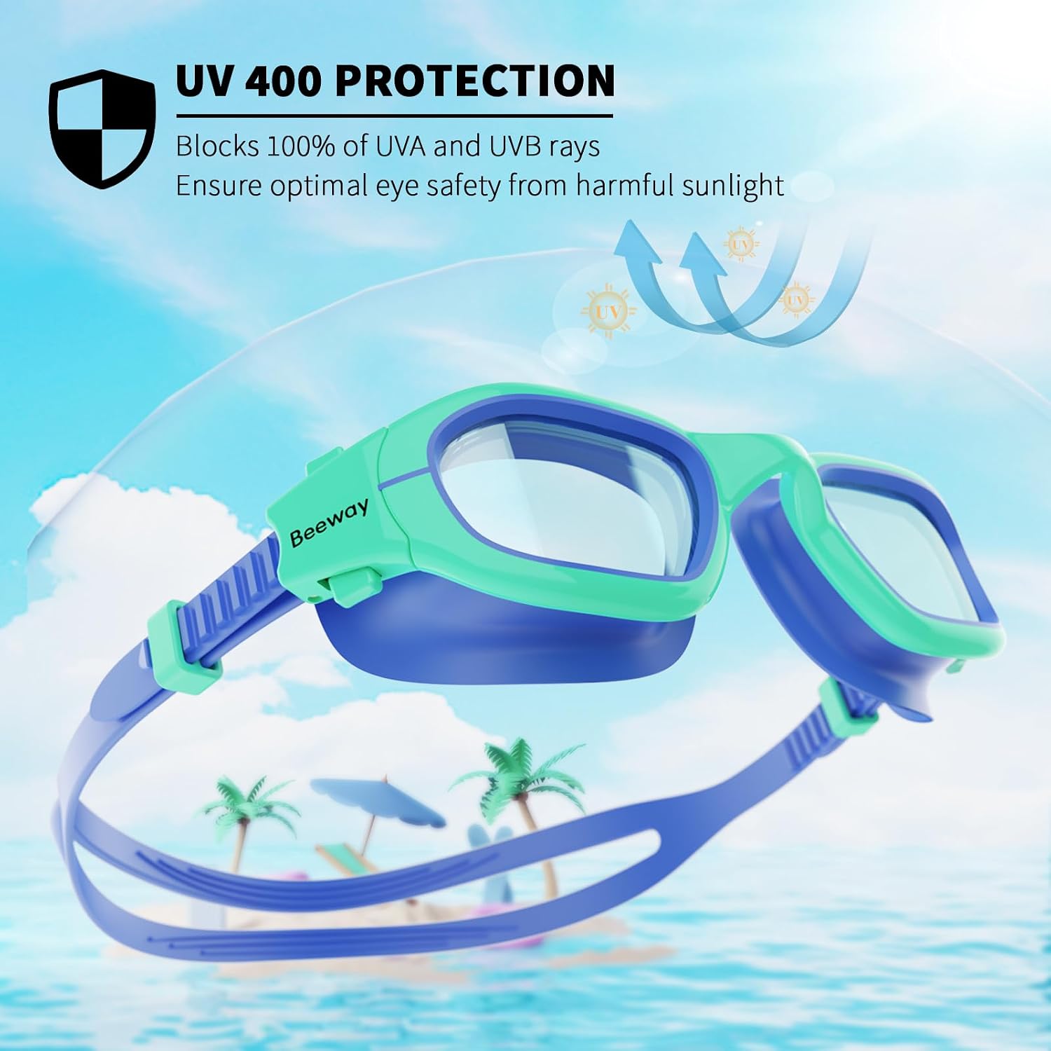 Detalle de BEEWAY Kids Swimming Goggles (6-14) with Wide View, Anti-fog & Anti-leak