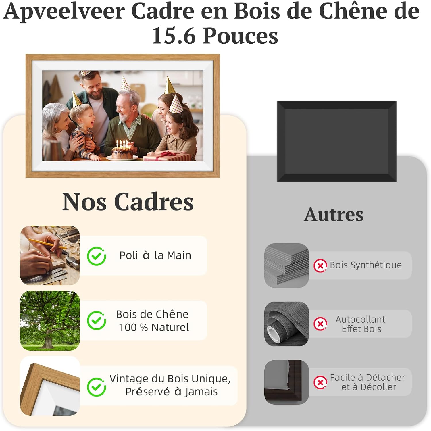 Detalle de Apveelveer Frameo Cadre photo numérique WiFi 15,6 pouces 94% sRGB, 32 Go, tactile IPS (chêne)