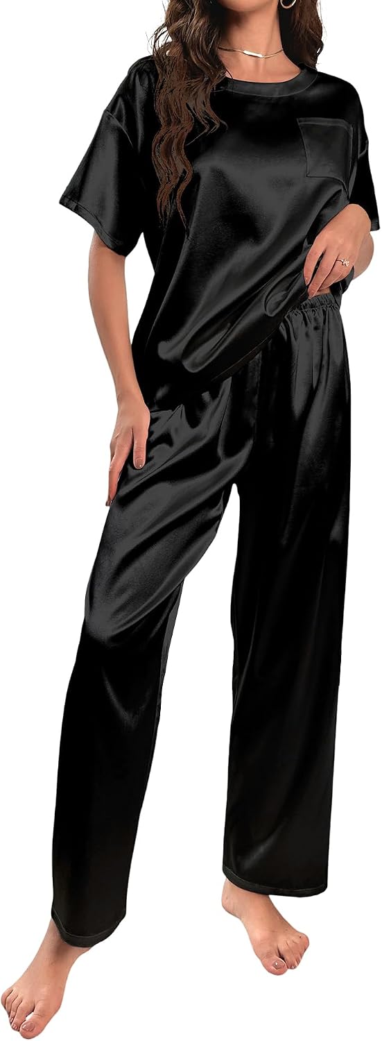 Detalle de HANERDUN Damen Satin Pyjama Set Kurzarm
