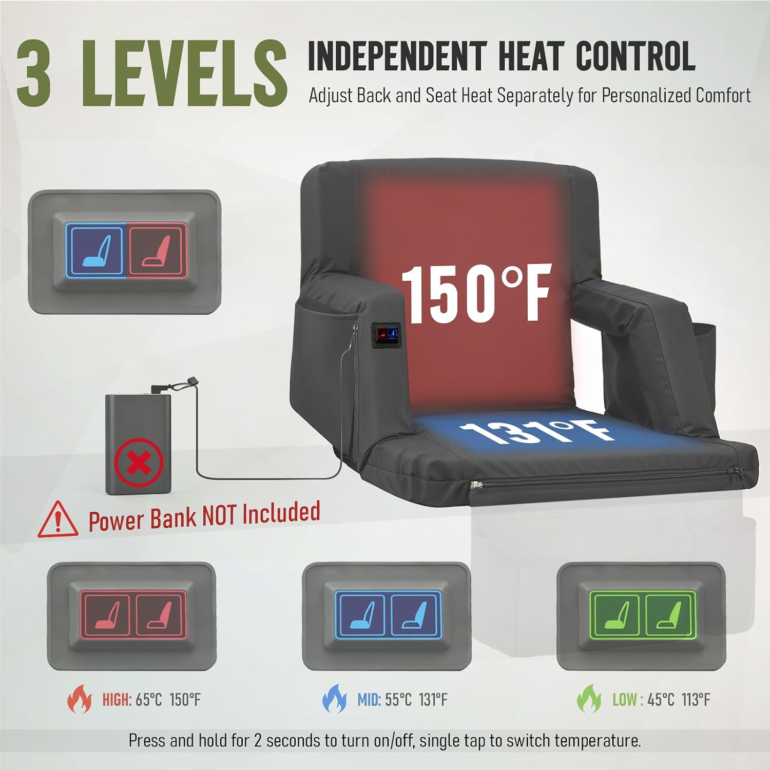 Detalle 2 de Overmont Stadium Seats-Single-H Heated Stadium Seat, Dual-Zone Heat, 6 Recline Positions
