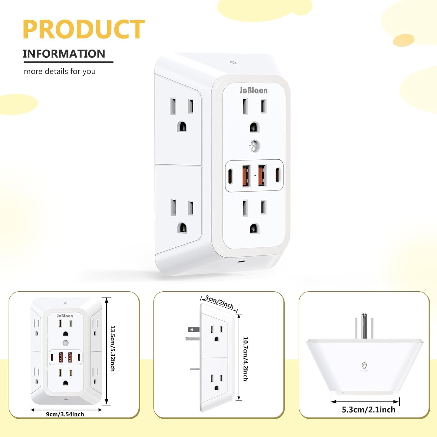 Thumbnail 6 de 3 Pack Outlet Extender with Night Light: 6-Outlet Surge Protector with 2 USB-A and 2 USB-C Ports (3-Sided, 1050J) – ETL