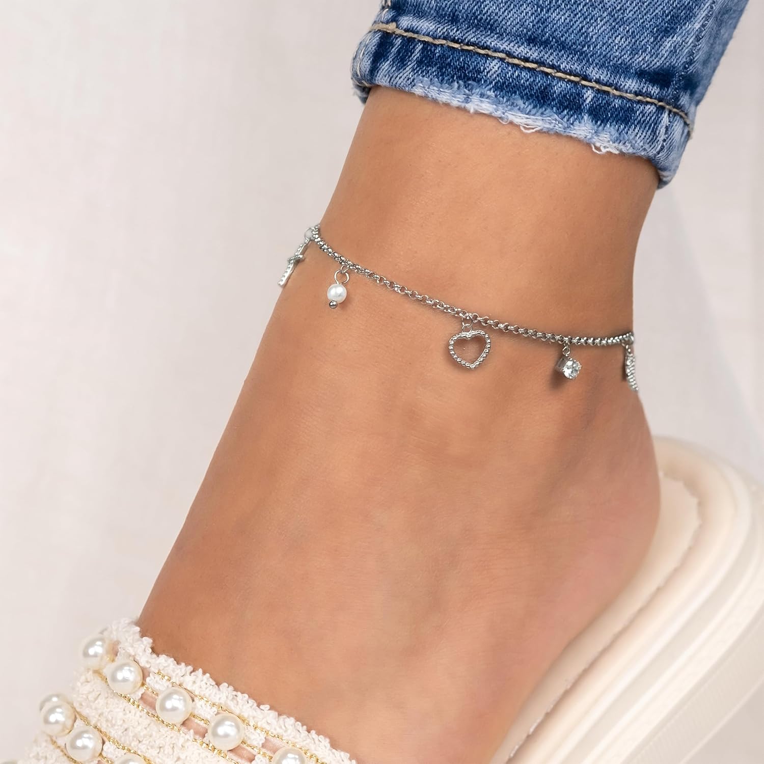 Thumbnail 1 de Engelsrufer Damen Fußkettchen aus Sterling Silber mit Zirkonia, Perle und Anhänger – verstellbar 22+5 cm