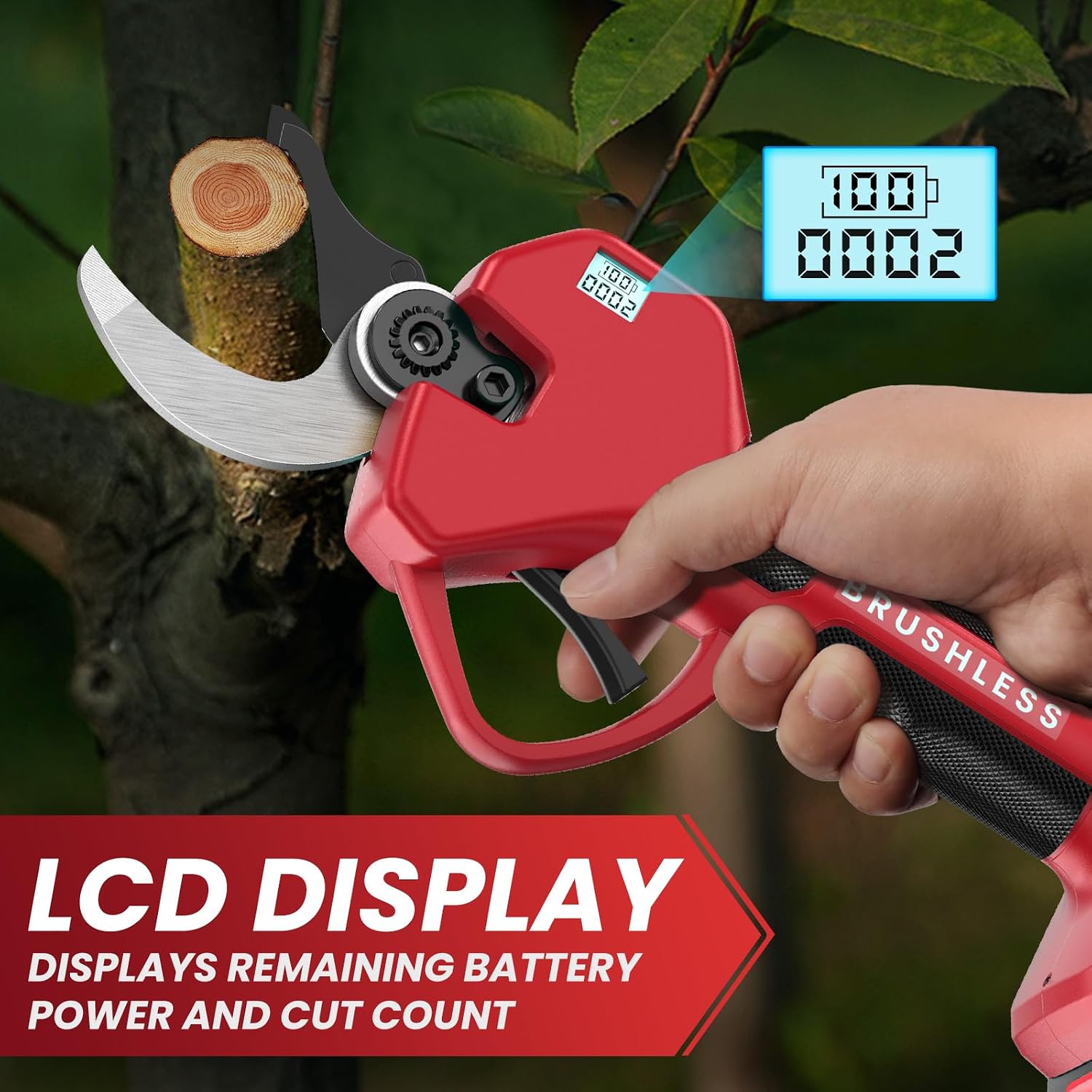 Detalle de Forbici Potatura a Batteria da 21V con lame SK7 da 50 mm e display LED