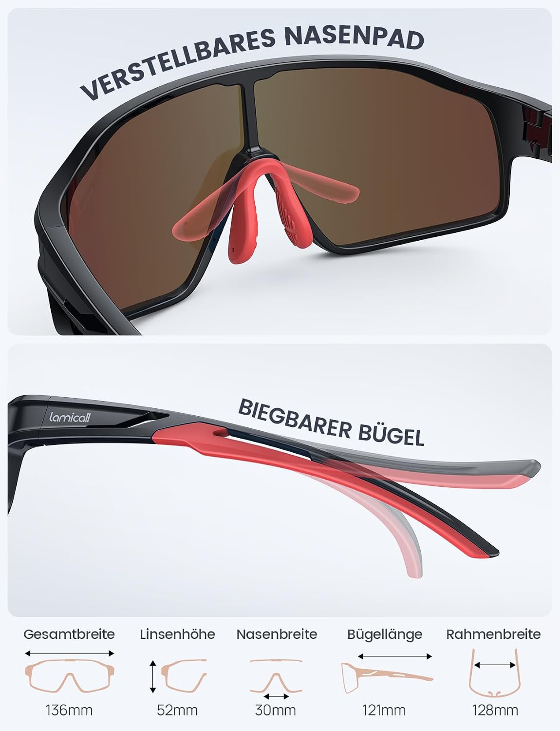 Detalle 2 de Lamicall Fahrradbrille Kinder – Ultraleicht, UV400 polarisiert, verstellbare Nasenpads