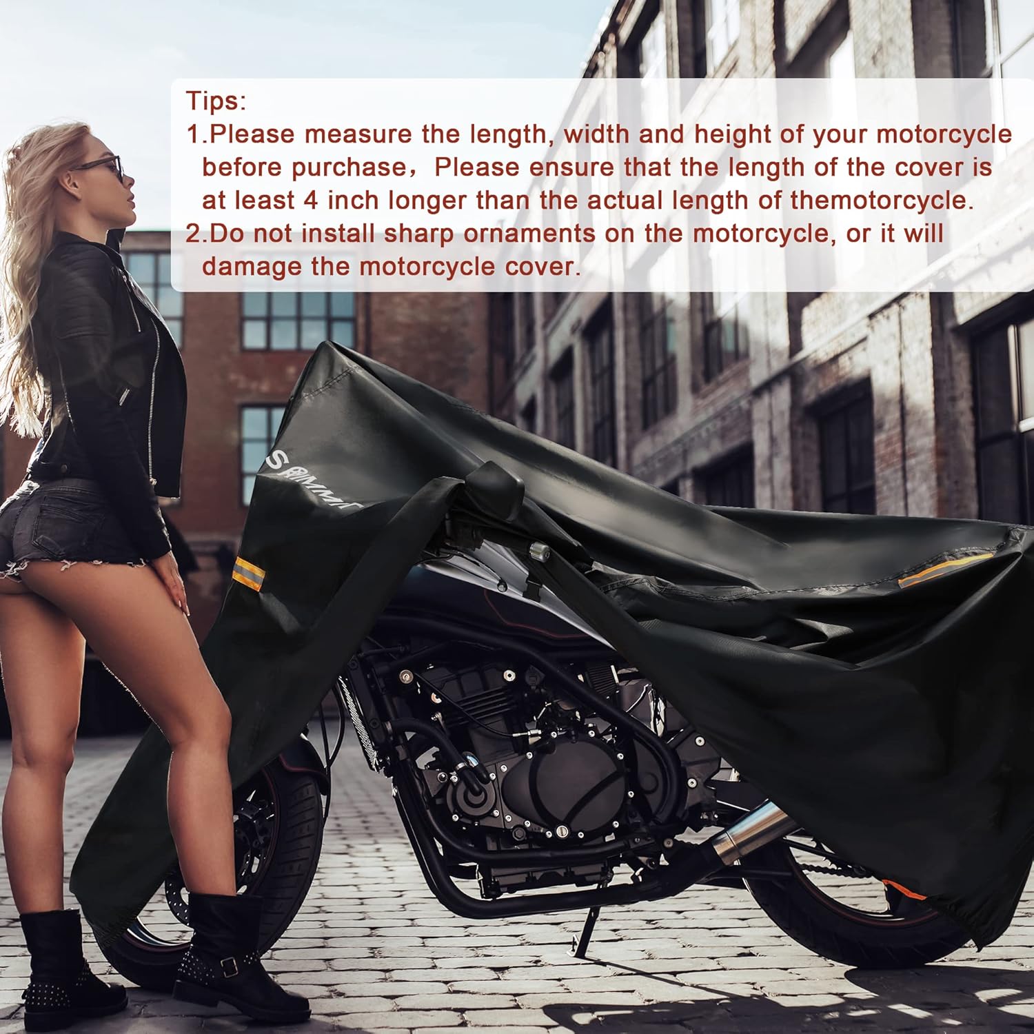 Thumbnail 4 de Motorcycle Cover Heavy Duty 420D Universal Cover with UV Protection, License Plate Window and Reflective Strips (XXXL, 106" x 37" x 55")