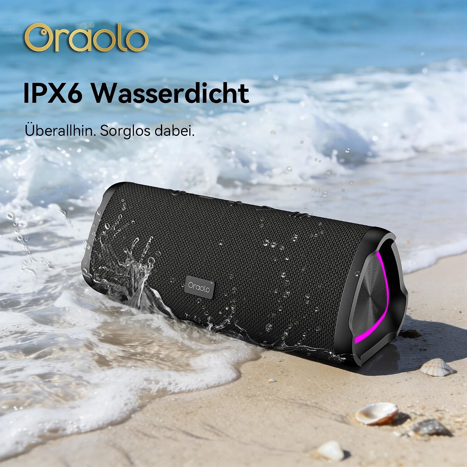 Detalle 2 de Oraolo Bluetooth Tragbarer Lautsprecher mit 20W, IPX6 und 24h Akkulaufzeit – Outdoor & Party Musikbox