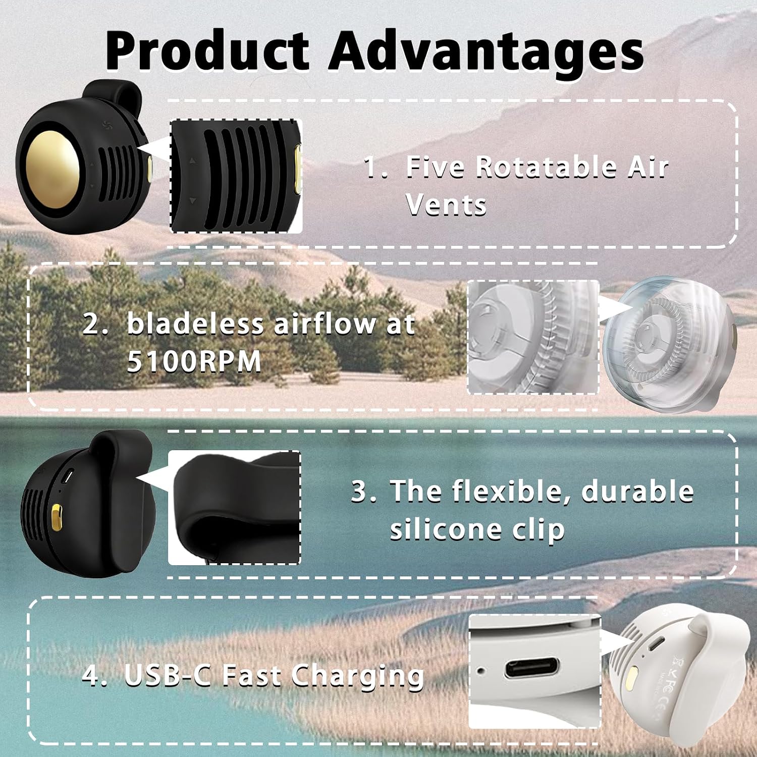 Detalle de Ahuccf Portable Clip-On Fan (2-Pack): Ultra-Light, USB Rechargeable, 360° Rotatable Bladeless Personal Fans